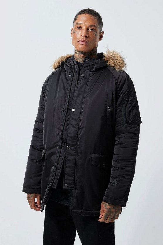 Geraffter Satin-Parka mit Kapuze mit Kunstfell-Detail