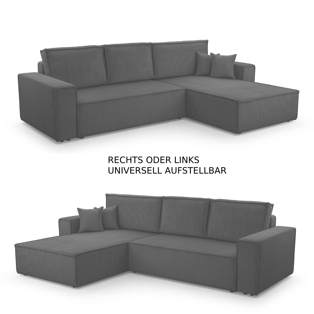 Möbel Punkt Wohnlandschaft Ecksofa Dark Green Genf Cord XL mit Bett Kopfteilverstellung Bett Sofa Schlafsofa Ottomane rechts links universell