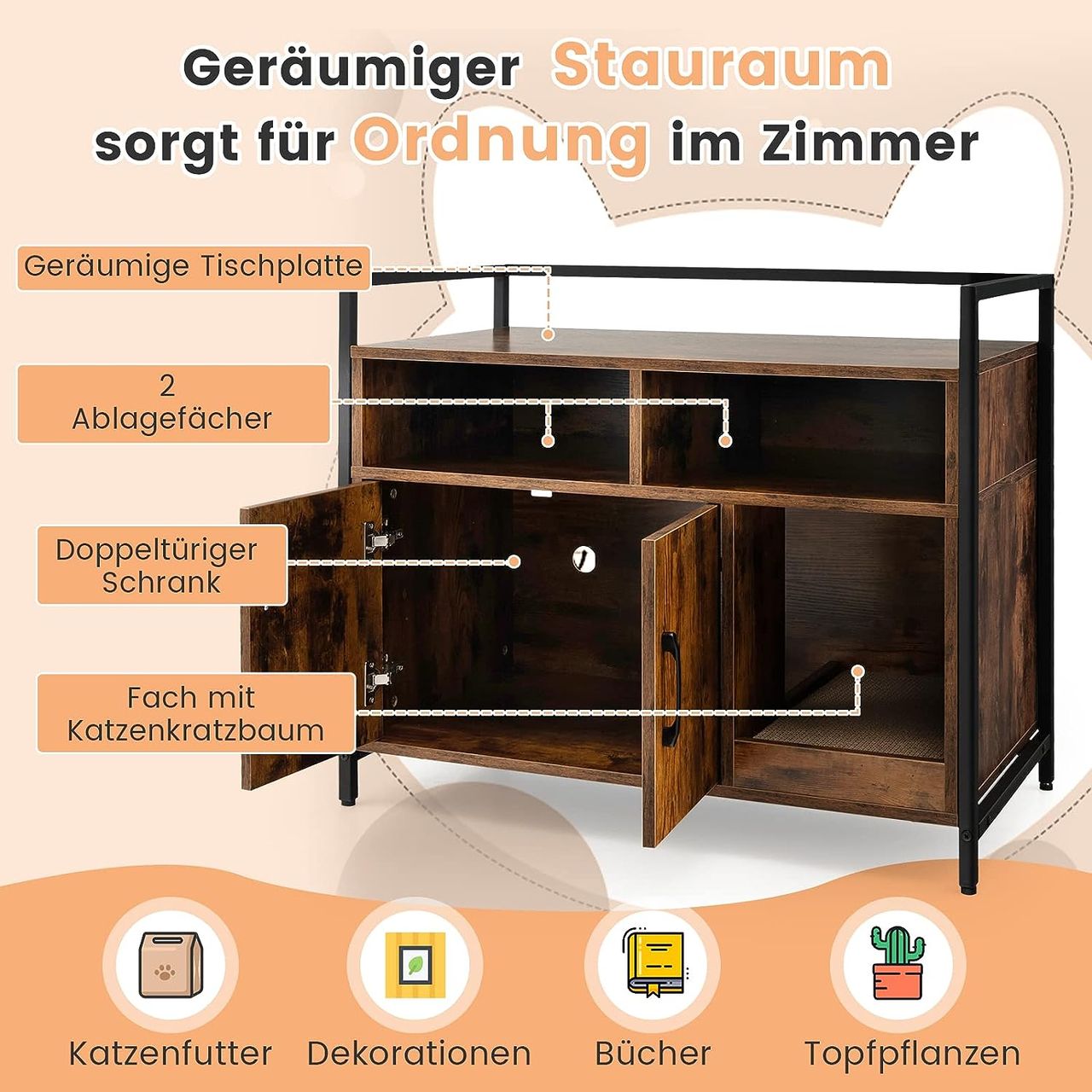 Costway Katzenschrank Katzentoilette mit Doppeltüren & Kratzunterlage