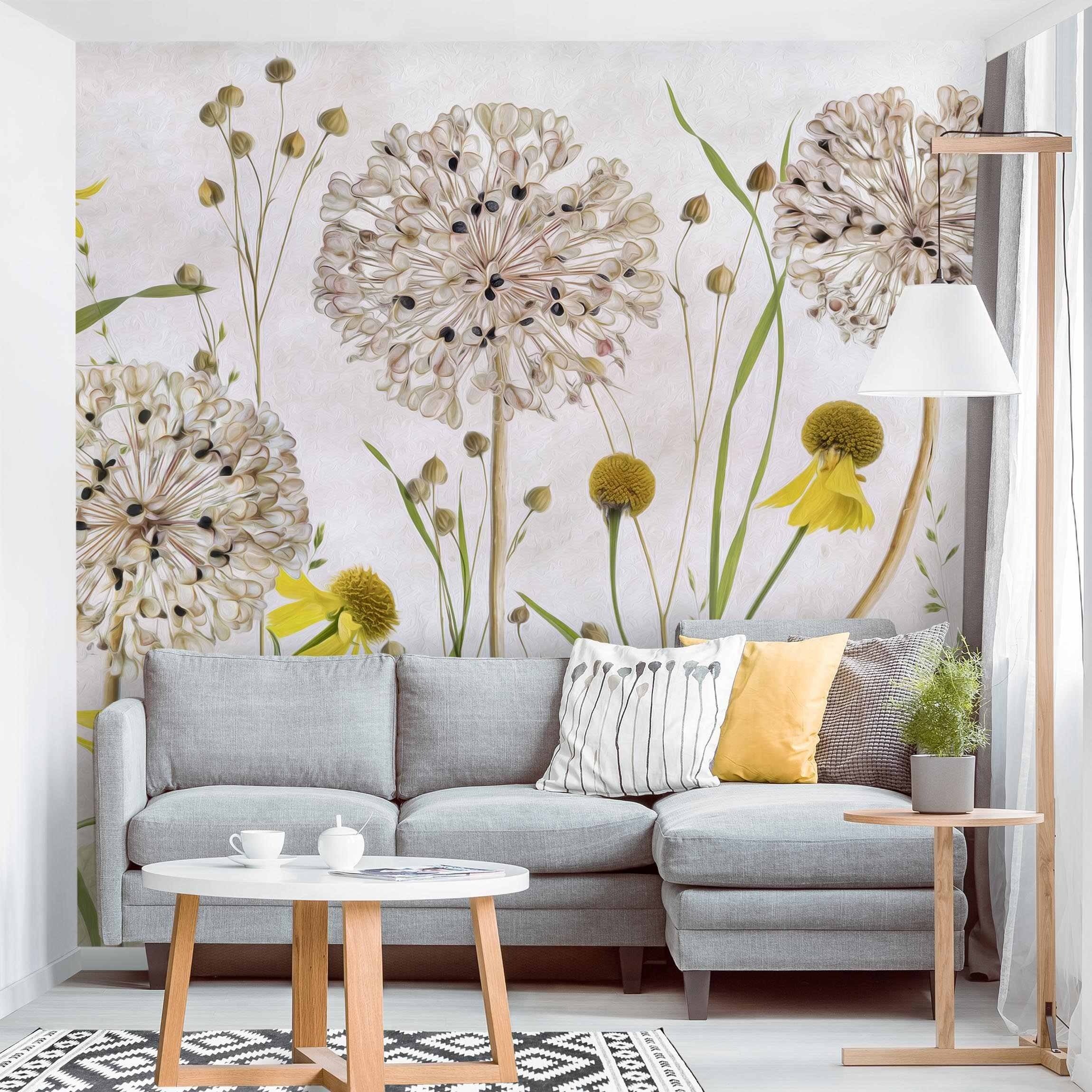 Bilderdepot24 Vliestapete Vintage Allium Helenium Illustration Blumen Beige Natur Wanddeko, Glatt, Matt, (Inklusive Gratis-Kleister oder selbstklebend), Wohnzimmer Schlafzimmer Küche Flur Fototapete Motivtapete Wandtapete