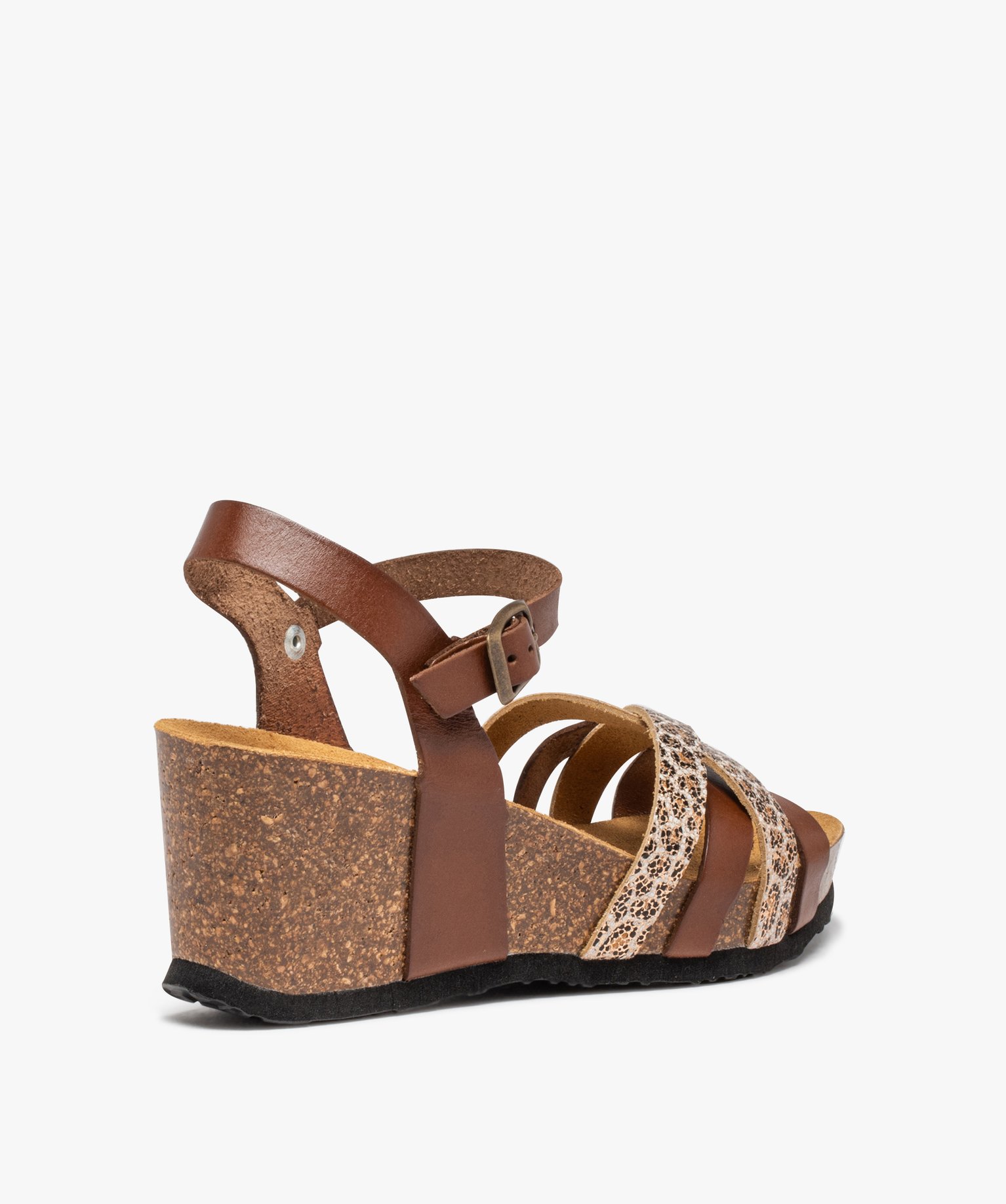 Sandales femme compensées à brides en cuir marron | GEMO