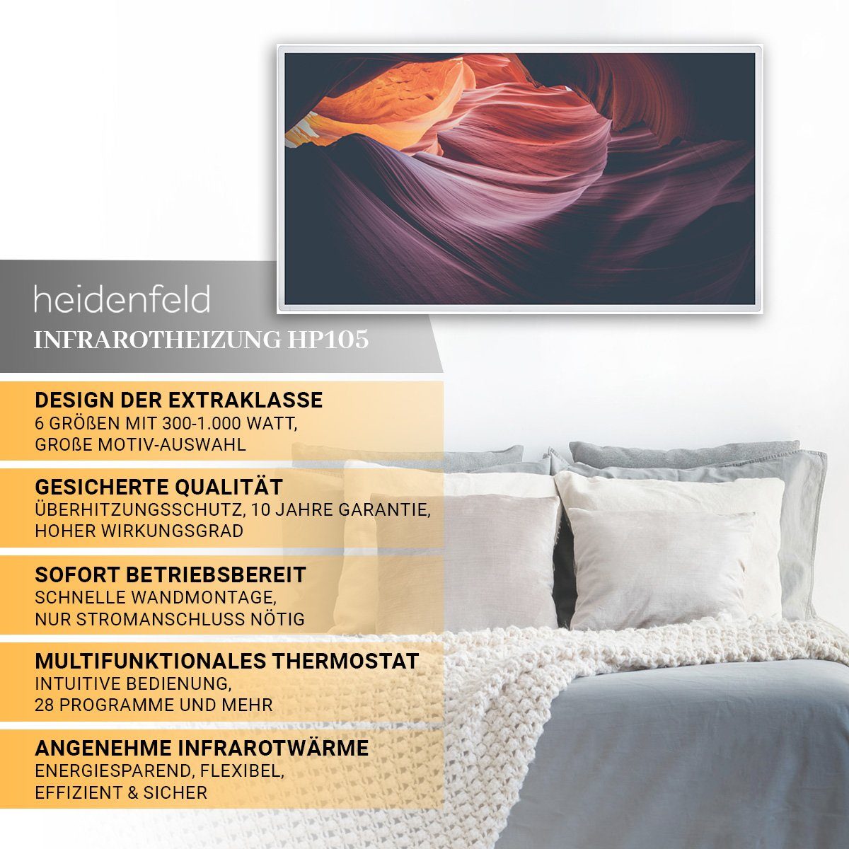 Heidenfeld Infrarotheizung Elektroheizung HF-HP105 Strand 3 mit Thermostat, 300 - 1000 W, Infrarot Wand Bild Heizung Heizkörper - 10 J. Garantie - 28 Programme