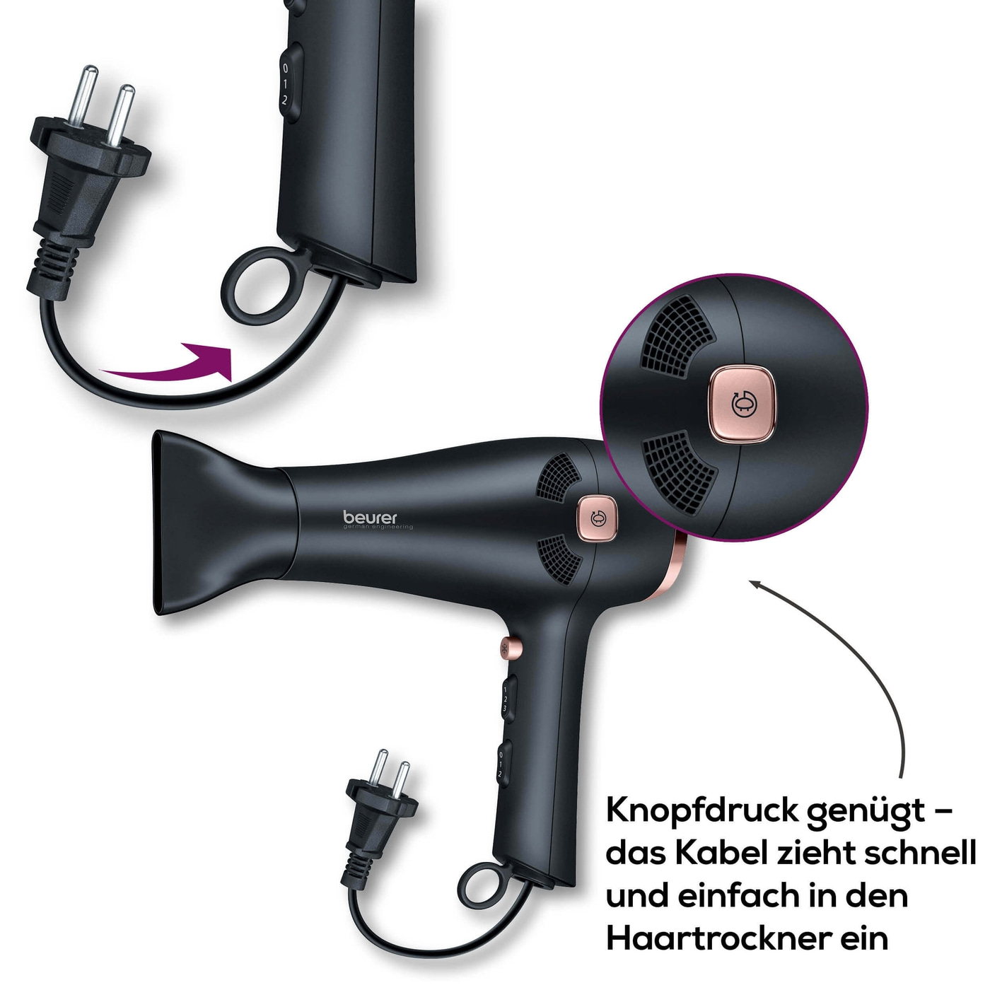Beurer Haartrockner - HC 55-Haartrockner mit 2 Aufsätzen & praktischem Kabeleinzug