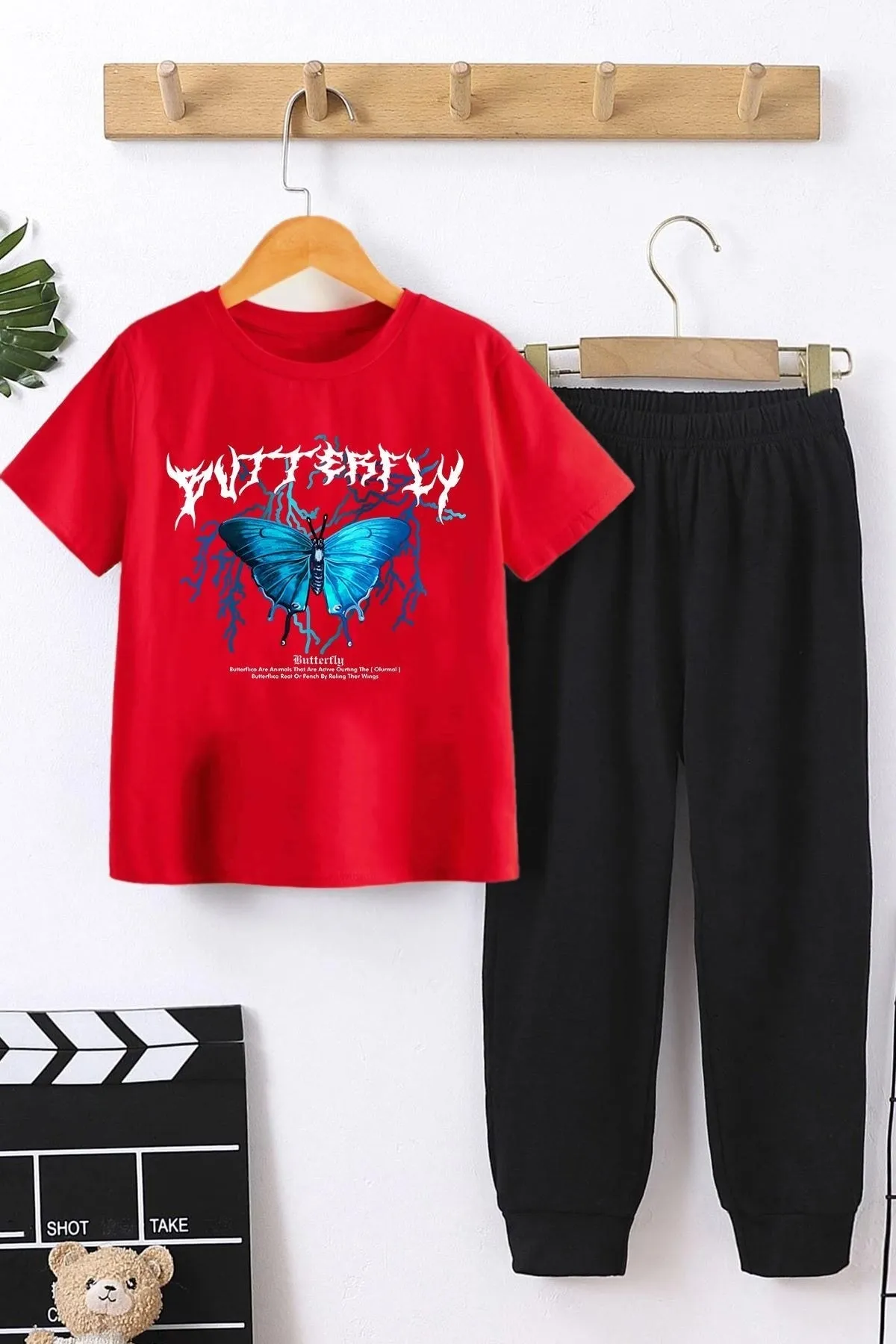 uyguntarz  Blaues Schmetterlings-Unterteil für Kinder – Top-Trainingsanzug-Set