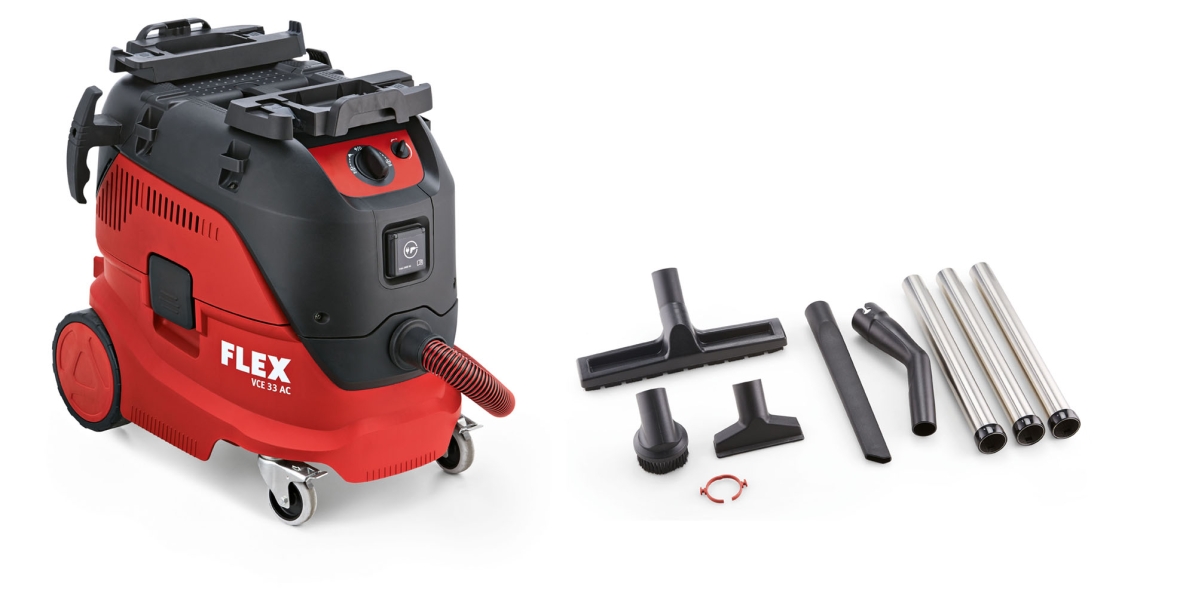 Flex-tools 465674 VCE33L AC-Set Odkurzacz bezpieczeństwa z automatycznym czyszczeniem filtra, 30 l, klasa L + zestaw czyszczący