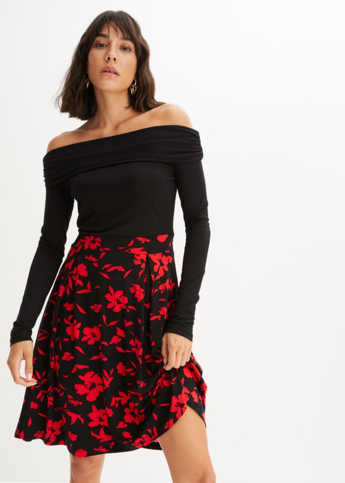 Carmen-Kleid mit bedrucktem Rock