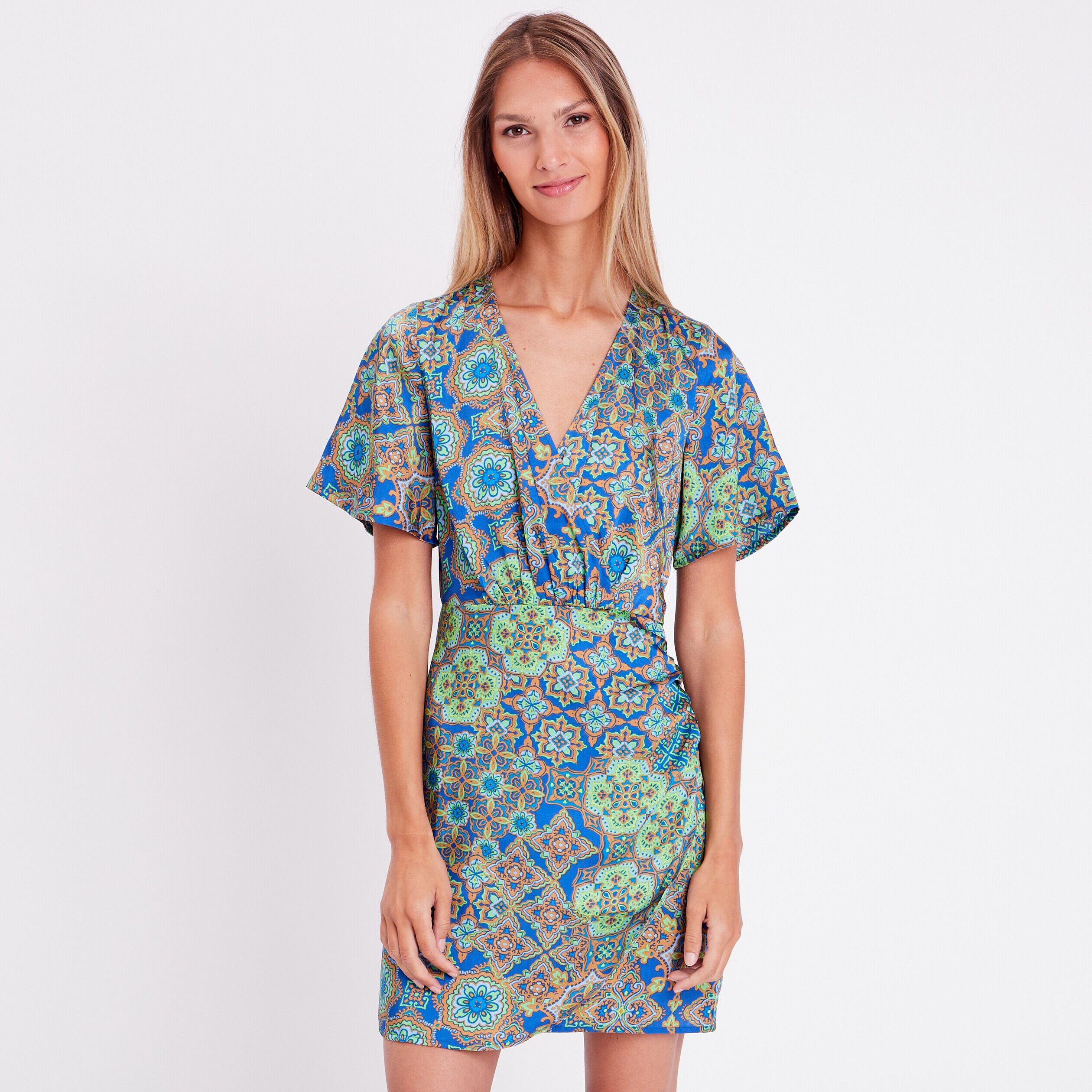 Robe droite drapée satin bleu roi femme | Cache Cache