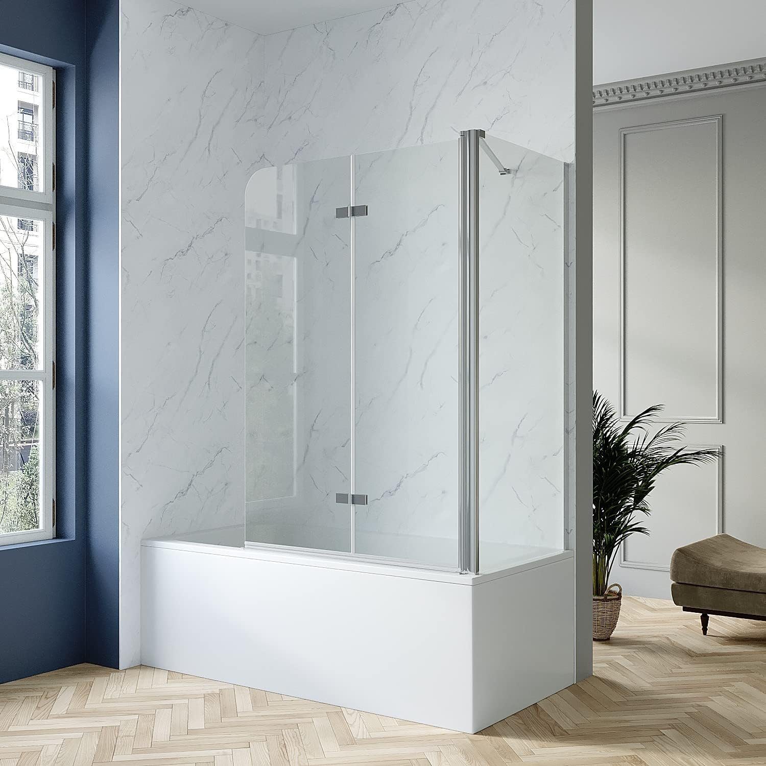 AQUABATOS Badewannenfaltwand Glas mit Seitenwand Duschtrennwand für Badewanne 100x75x140 cm, 5 mm Einscheiben-Sicherheitsglas (ESG)