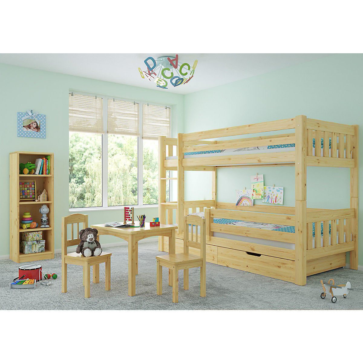 Etagenbett 90x200 Kiefer mit Rollrost, Matratzen und Bettkasten
