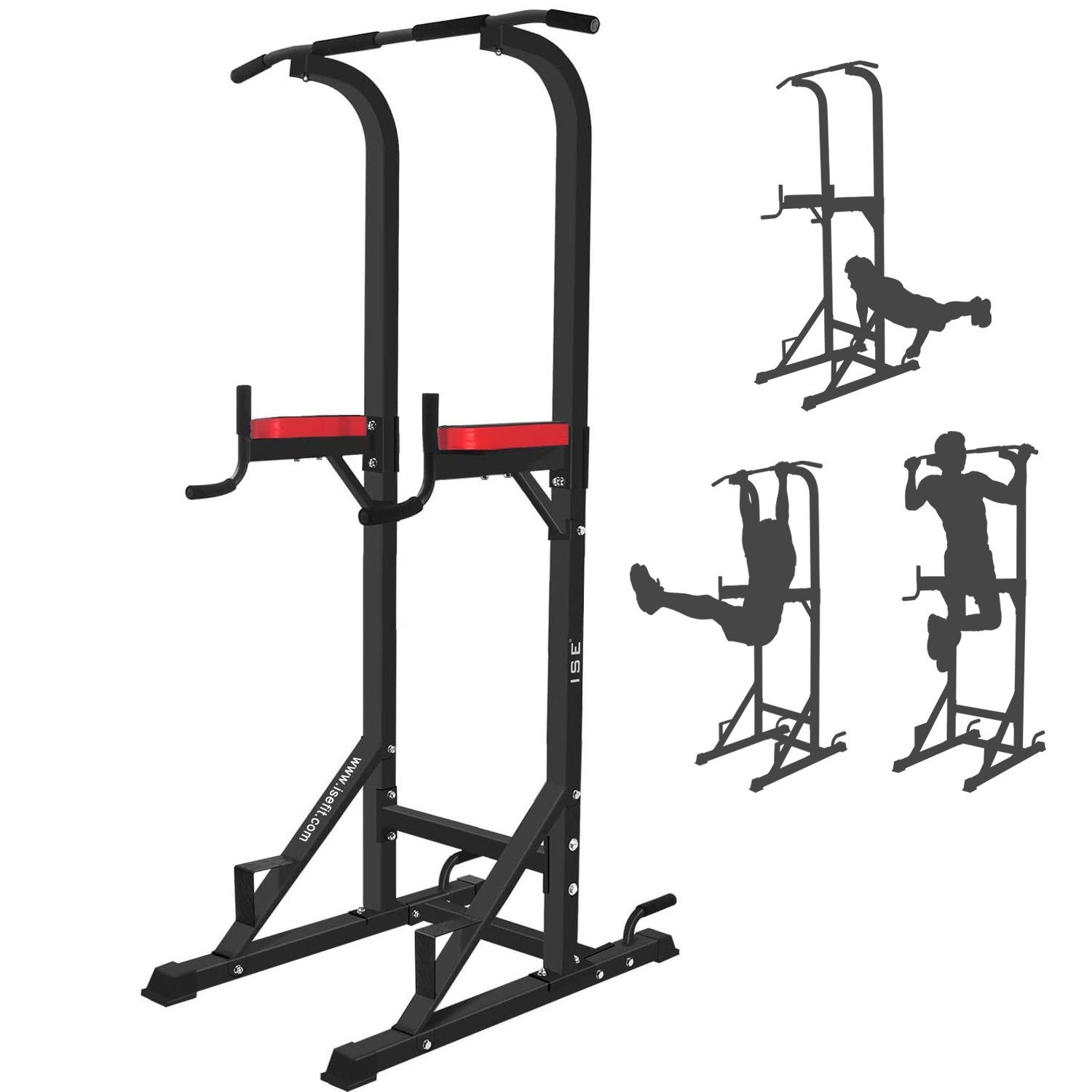 ISE Kraftstation ISE Kraftturm Power Town,Multifunktions Kraftstation mit klappbar Hantelbank, Klimmzugstation, Liegestützgriffe, Dip-Station, Max.120 KG, ideal für Home-Gym SY-4006,SY-5607