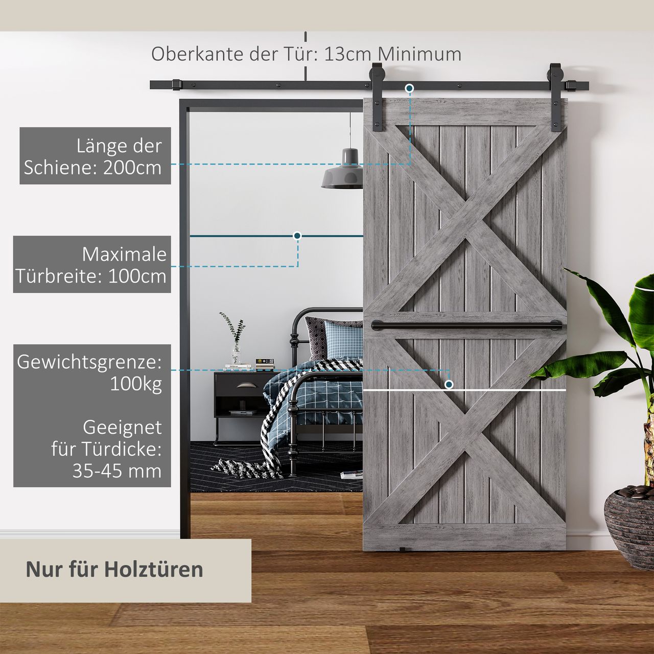 HOMCOM Schiebetüren-Beschlagsatz mit Schrauben Komplett-Set für einzelne Holztür