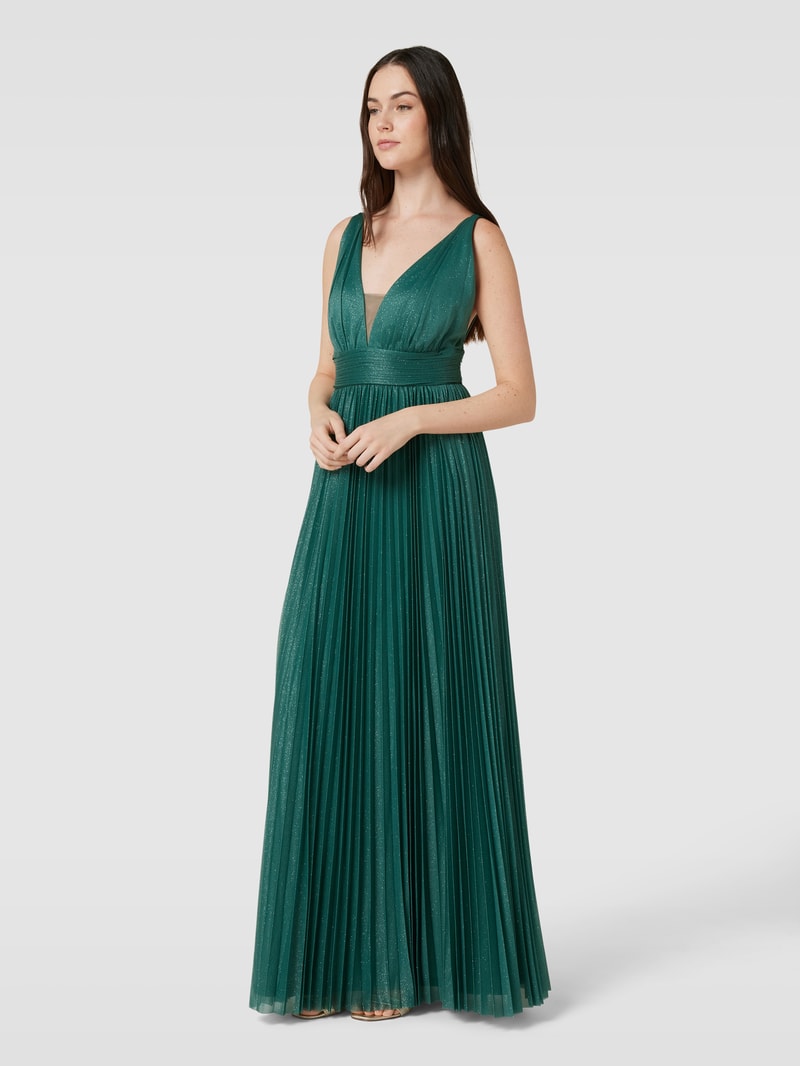 Abendkleid mit Plisseefalten in olivgrün meliert