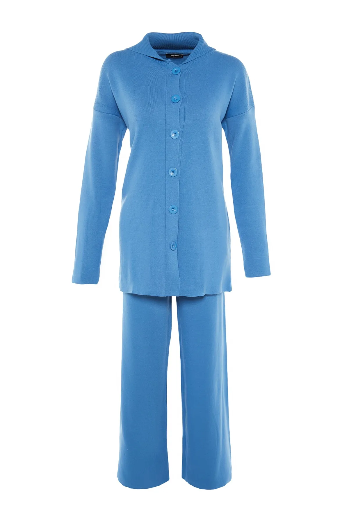 Trendyol Modest  Blaues Strickset mit Cardigan und Hose und Kragendetail TCTAW23US00100