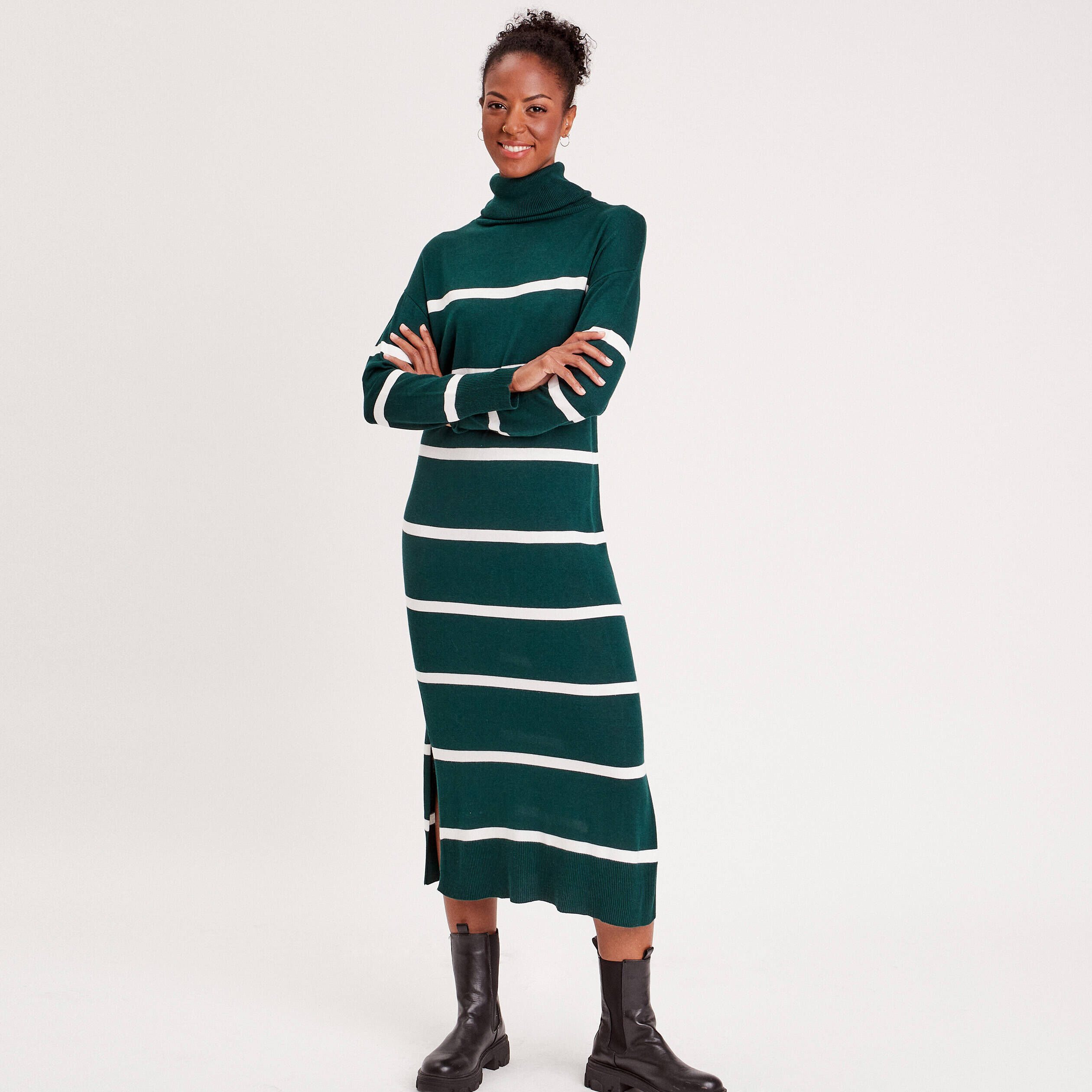 Robe pull longue col roulé vert foncé femme | Cache Cache