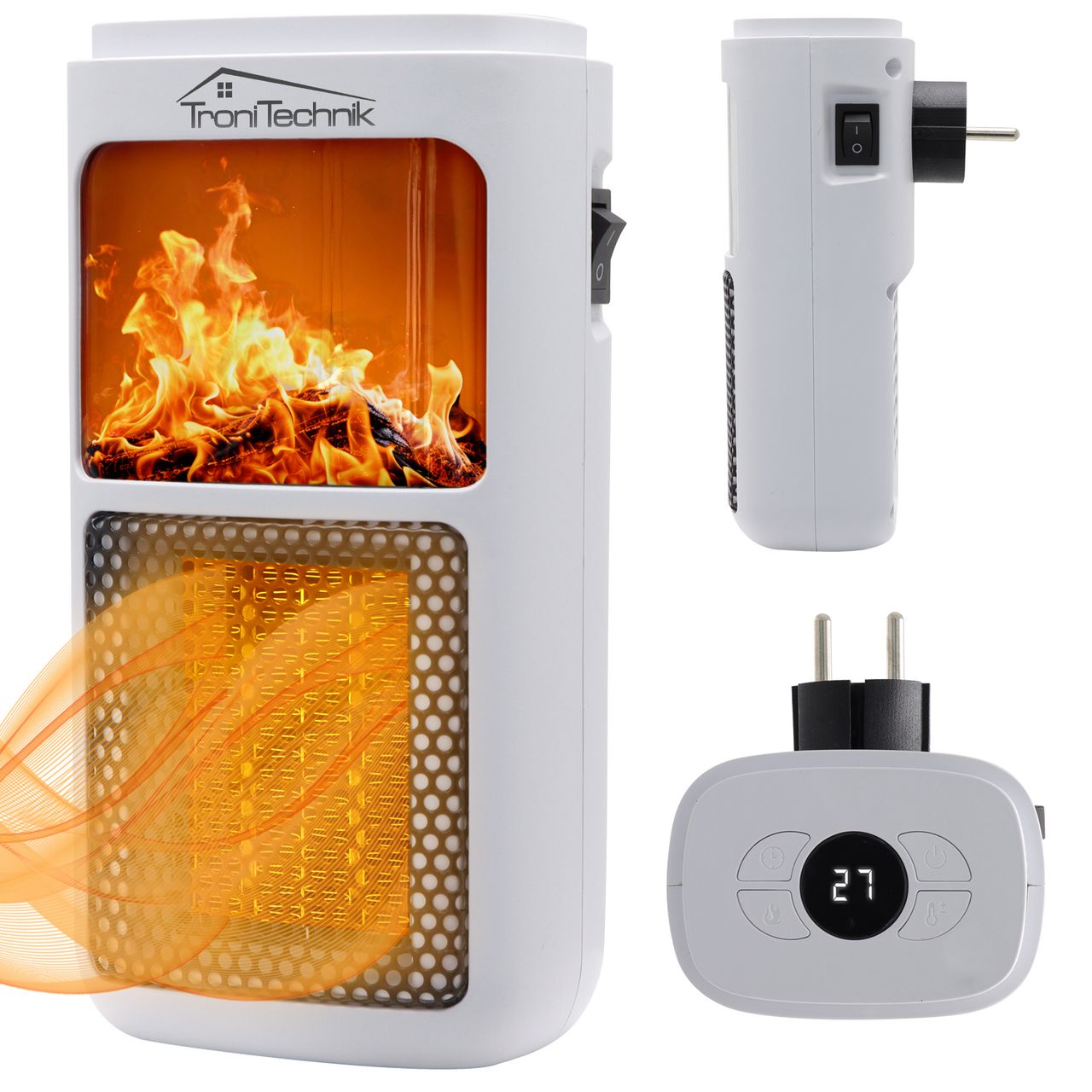 TroniTechnik Steckdosen Heizlüfter Mini, Kaminfeuereffekt LCD Display Keramik 400W