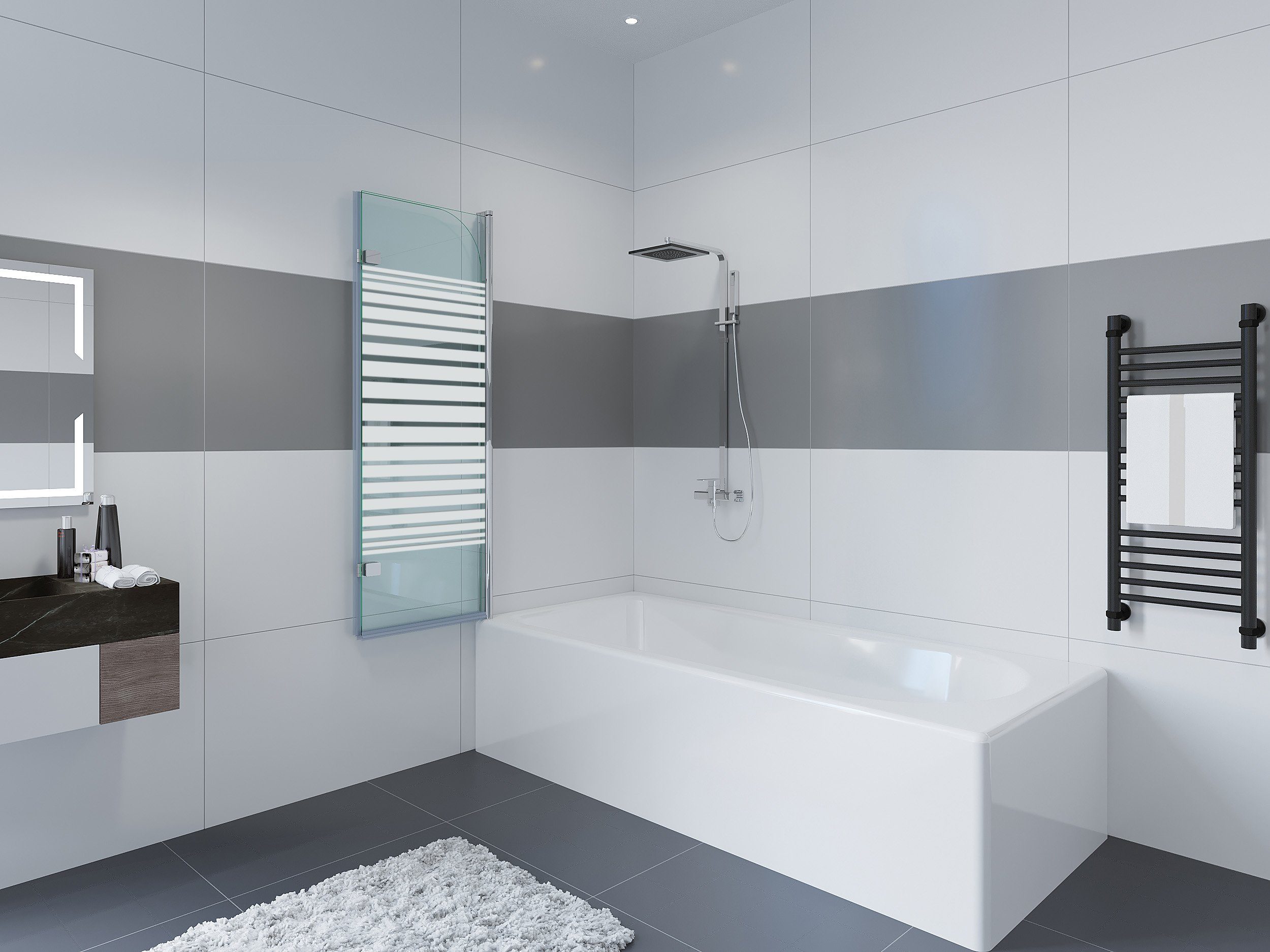IMPTS Badewannenaufsatz Duschwand für Badewanne, Glas Alu, (2 tlg., 2 TLG), Duschabtrennung für Badewanne, inkl. Nano-Beschichtung Badewannenfaltwand, Dekor Querstreifen, Badewannenaufsatz