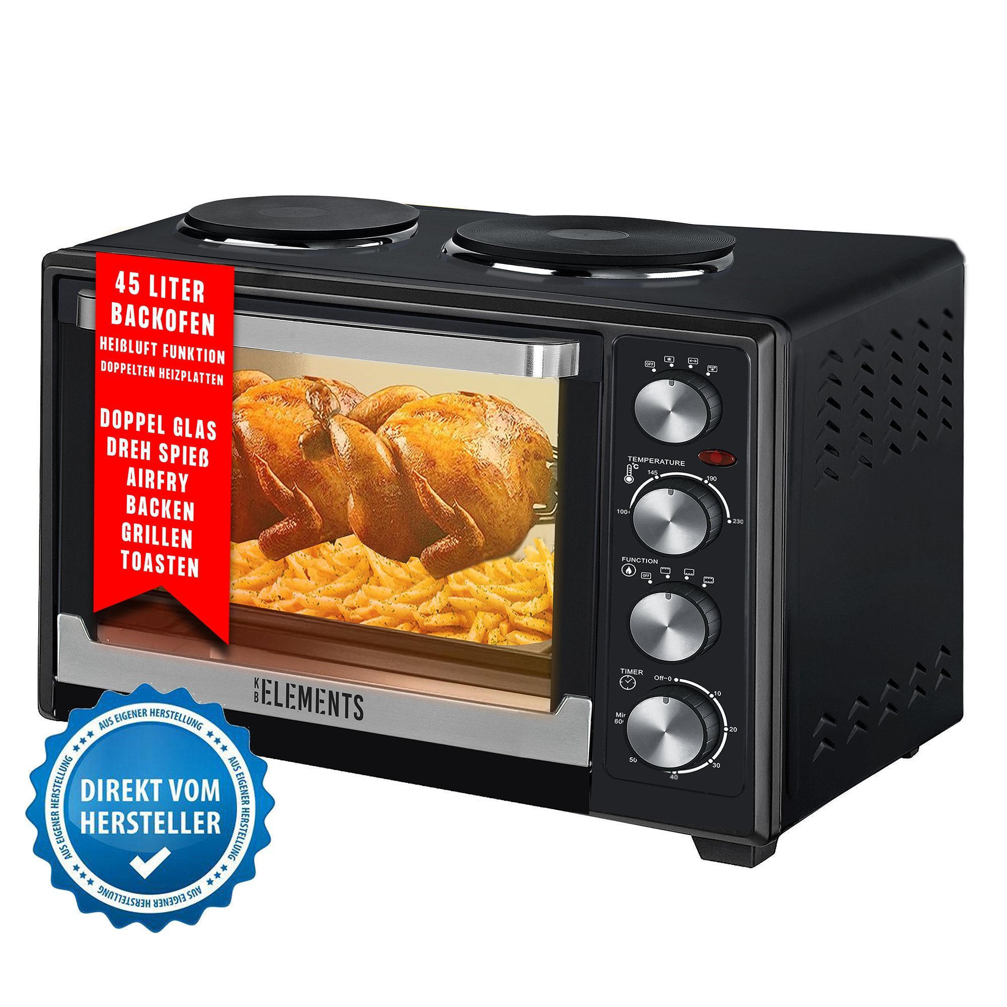 KB Elements Minibackofen ELK45V2, 45 Liter, 3200 Watt. 2x Kochplatten, Konvektionsgebläse