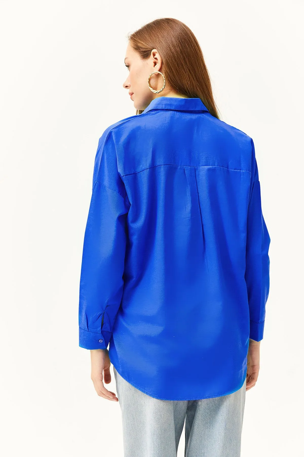 Olalook  Damen-Boyfriend-Hemd von Saks in Blau mit Pailletten und detailliertem Webmuster GML-19000992