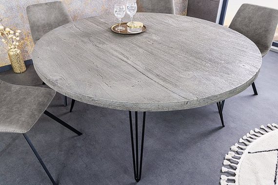 riess-ambiente Esstisch SCORPION Ø120cm grau / schwarz · 4,5cm Tischplatte (Einzelartikel, 1-St), Küche · Mango-Massivholz · Metall · rund · Hairpin Legs · Retro Design