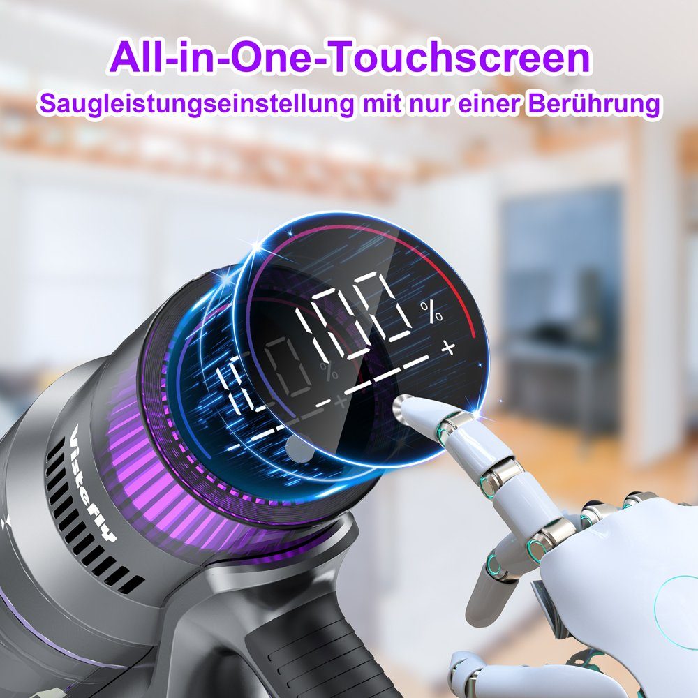 VISTEFLY Akku-Stielstaubsauger V15MAX Akku Staubsauger 33KPA,60 Min,Ausziehbares Rohr, 500,00 W, beutellos, Intelligente Stauberkennung,Filtration mit 6 Stufen