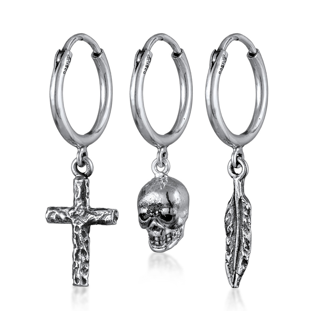 KUZZOI KUZZOI Boucles d'Oreilles Hommes Créoles Croix tête de mort Plume Set de 3 en arg Boucles d'oreilles