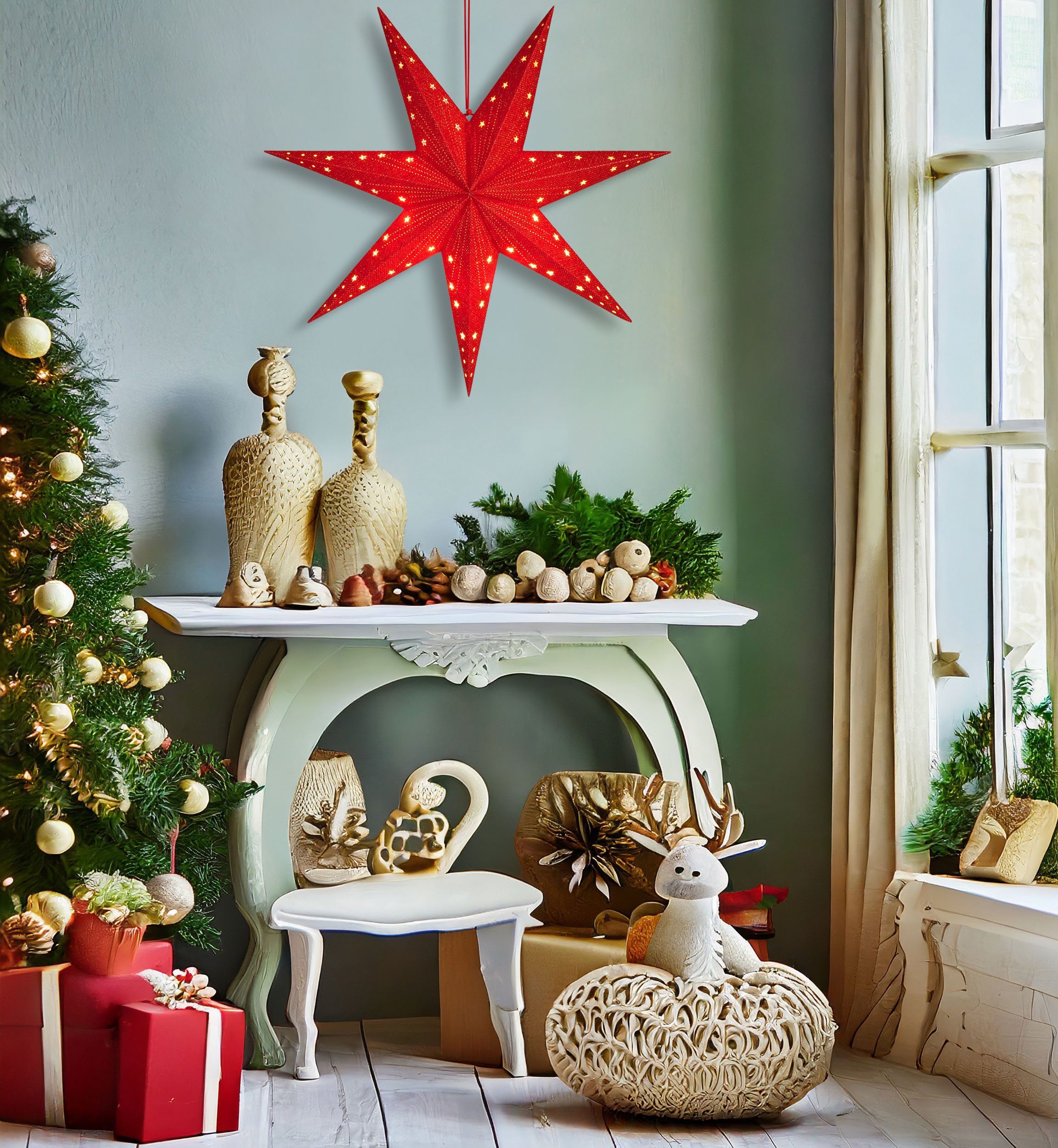 BRUBAKER Dekostern Weihnachtsstern zum Aufhängen mit E14 Fassung - 60 cm Papierstern, 1 St., 3D Adventsstern mit 3,5 m Kabel - Fenster Deko Leuchtstern Hängend