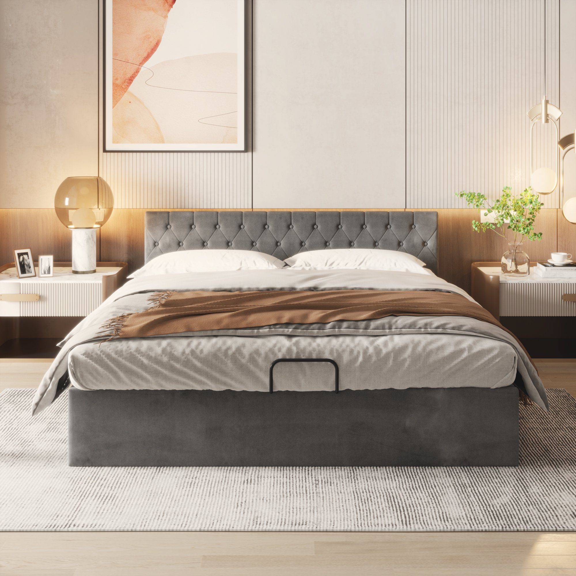 Ulife Polsterbett Grau Stauraumbett Samt-Stoff Funktionsbett Doppelbett mit Bettkasten, mit Bettkasten Samt-Stoff, 180 × 200cm