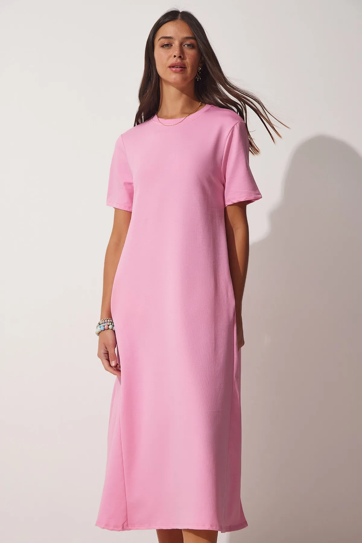 Happiness İstanbul  Rosafarbenes A-Linien-Sommerkleid aus gekämmter Baumwolle für Damen UB00060