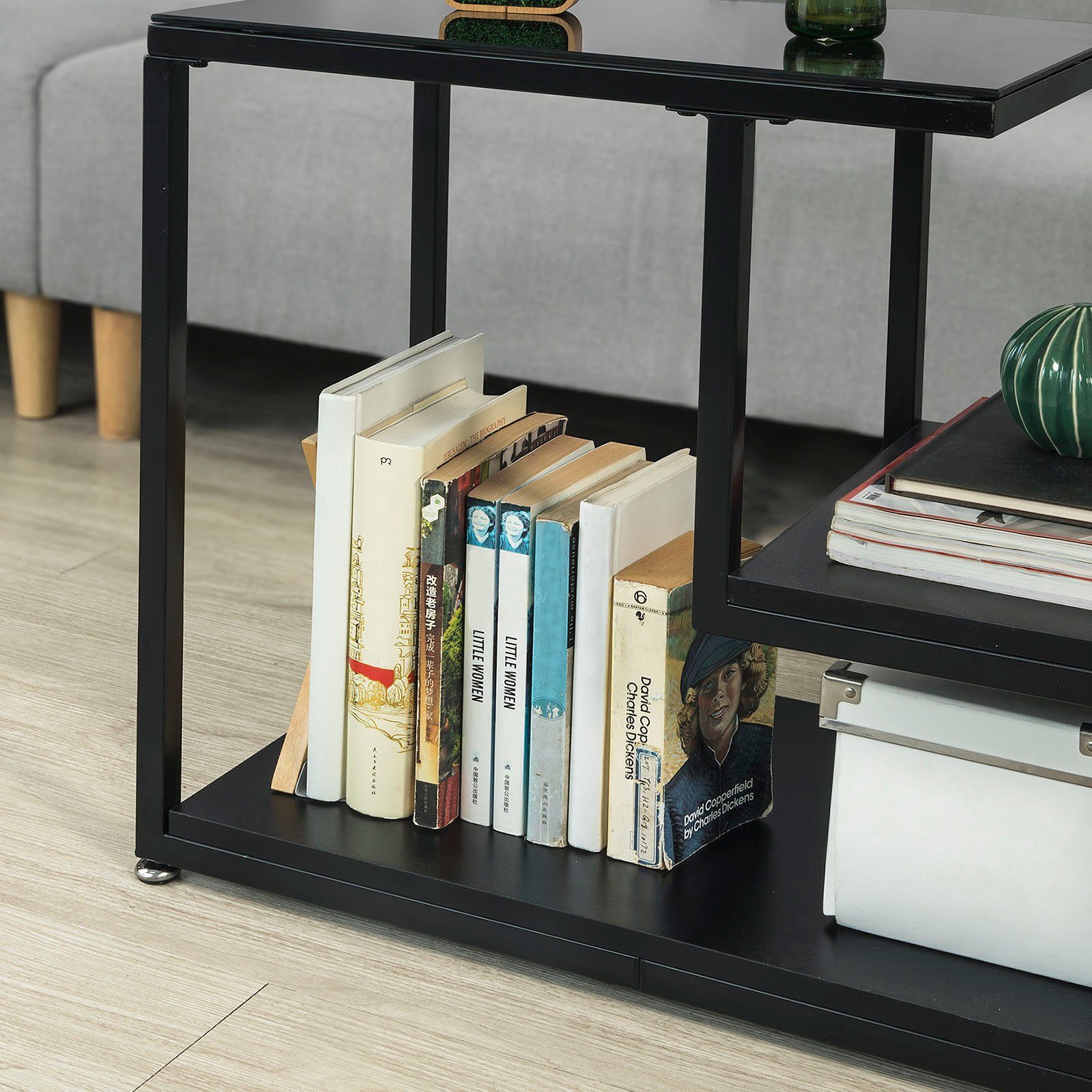 SoBuy Beistelltisch FBT65, mit Glasplatte Sofatisch Glastisch Couchtisch mit 3 Ablagen schwarz