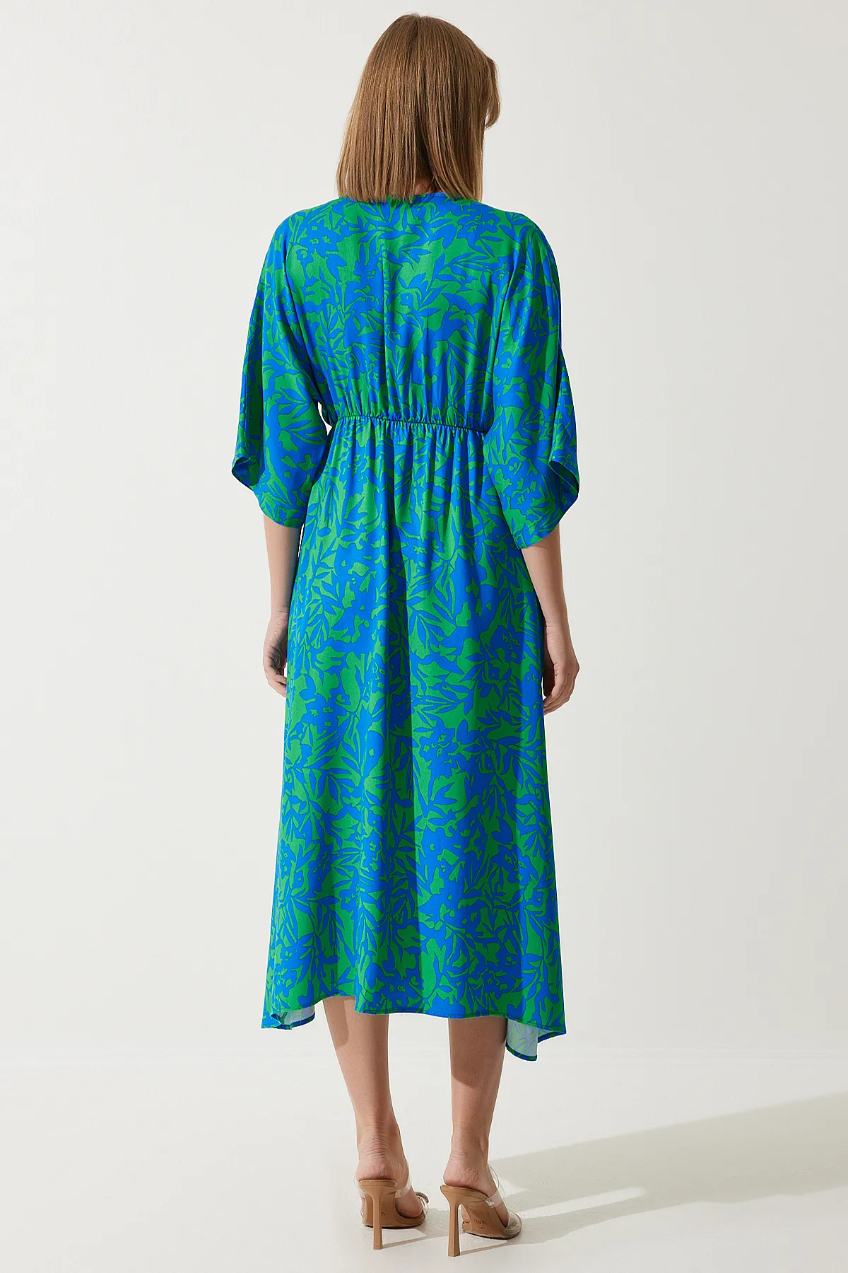 Happiness İstanbul  Damen-Sommerkleid aus Viskose mit tiefem V-Ausschnitt in Blau und Grün CI00081