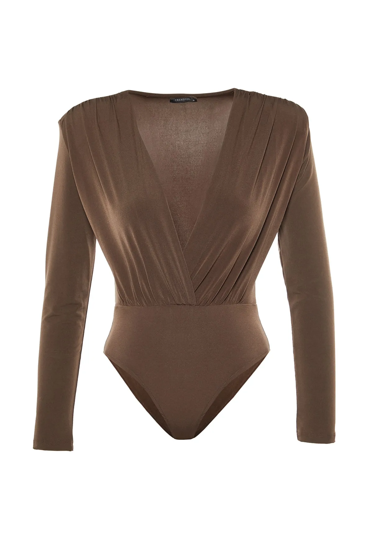 Trendyol Collection  Nerzfarbener, zweireihiger Strick-Bodysuit mit V-Ausschnitt TPRAW22BD0161