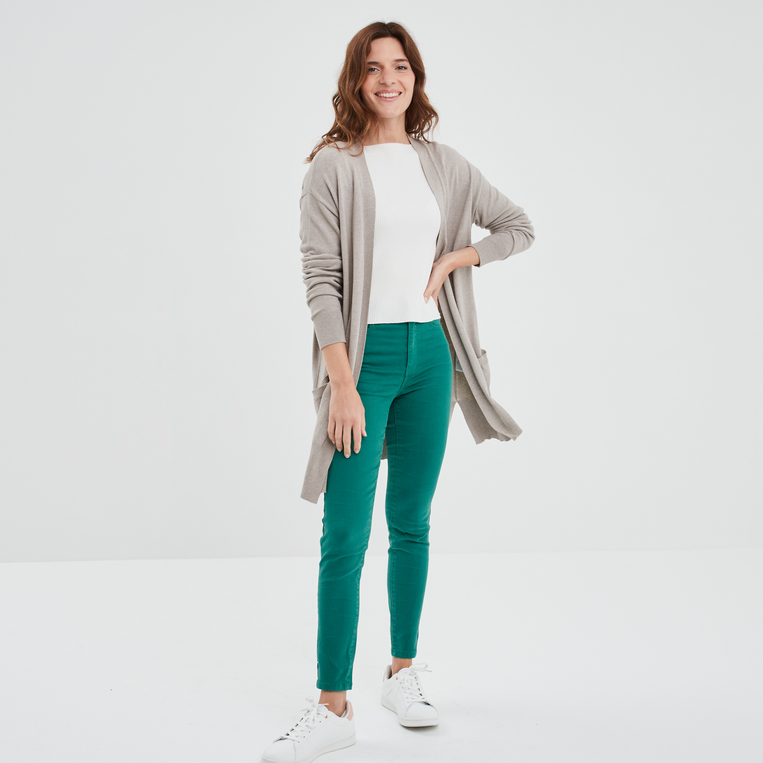 Gilet mi-long manches longues beige femme | La Halle