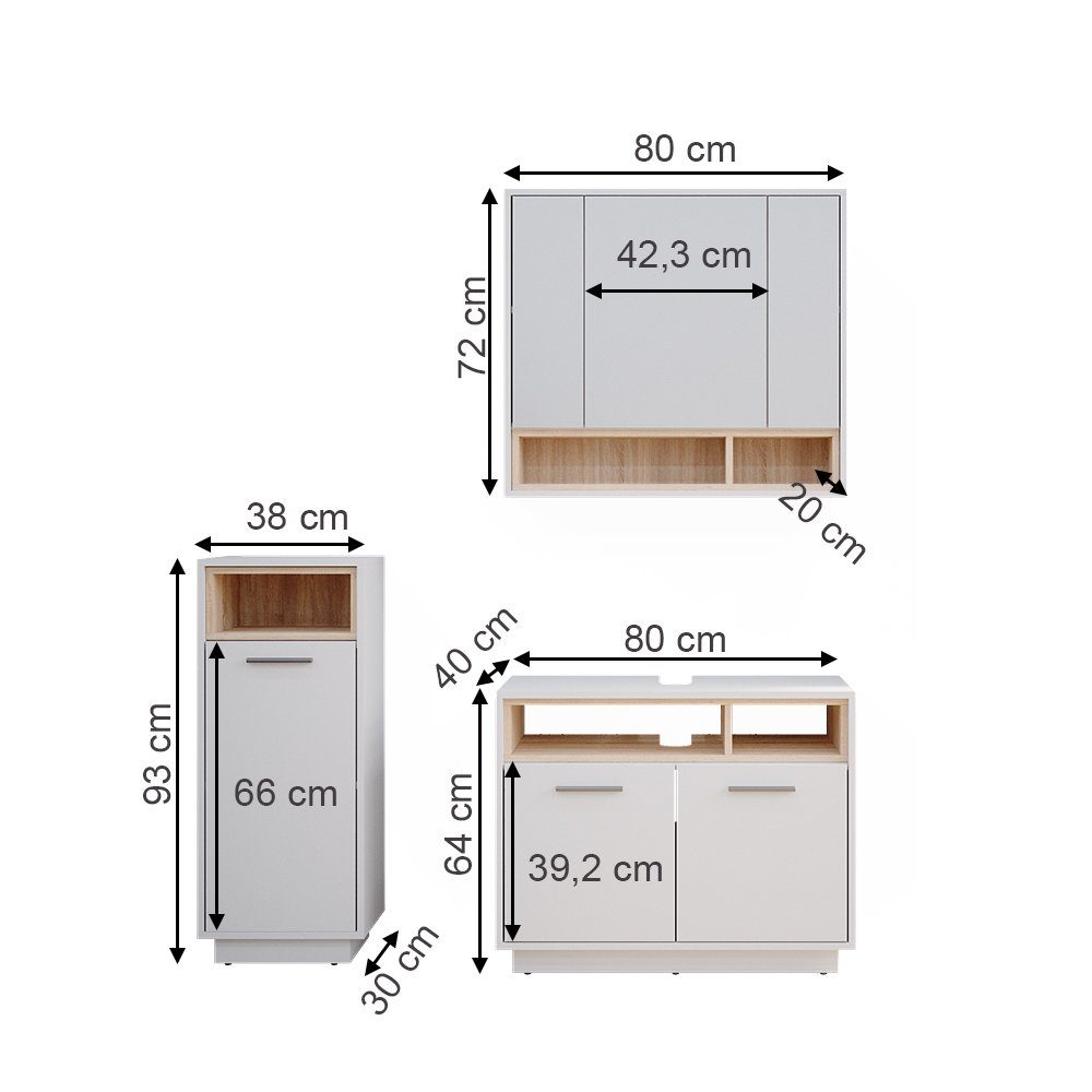 Vicco Badmöbel-Set Badezimmerset BEATRICE Weiß / Sonoma Set 3, (3-er Set, 3-St., 3-er Set)