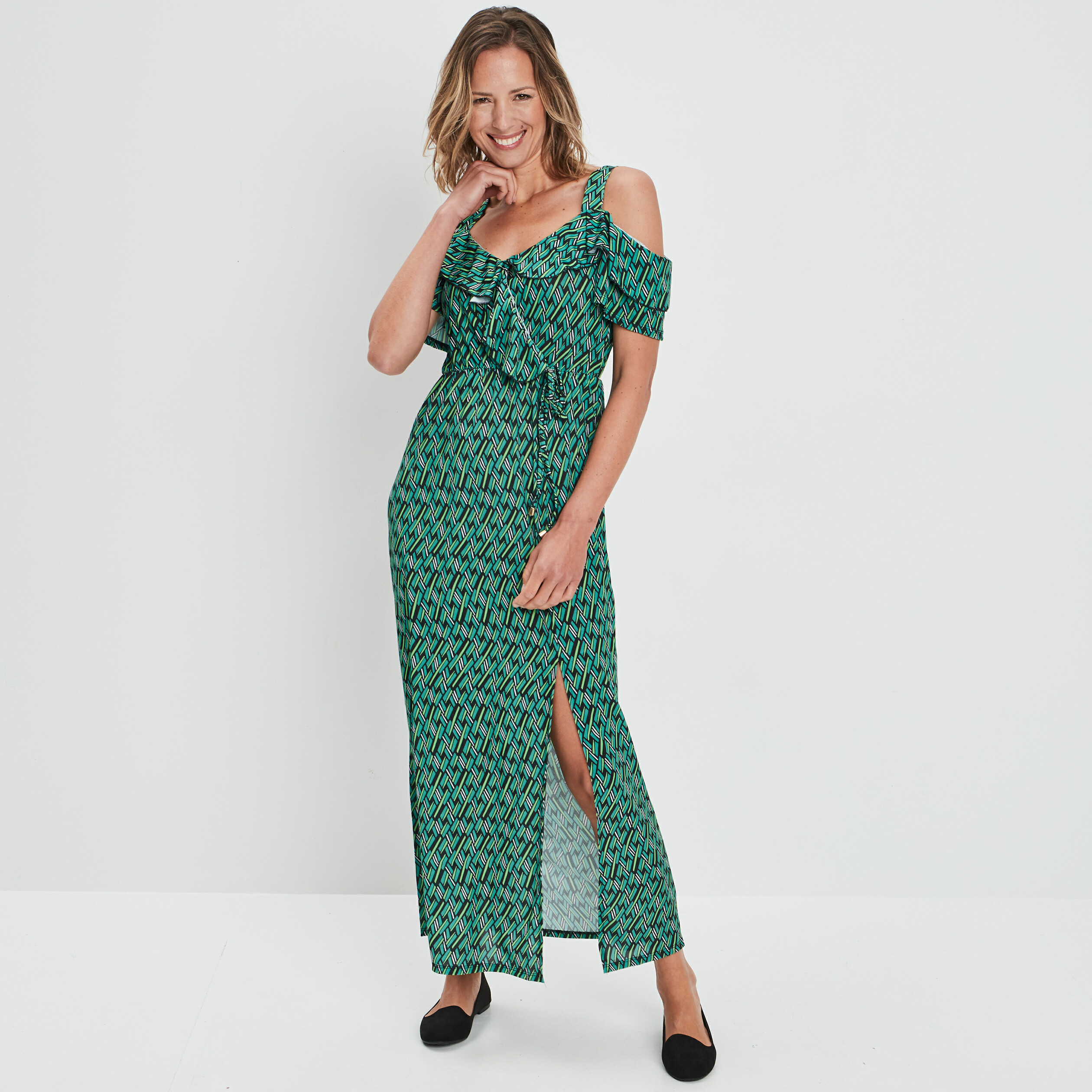 Robe longue droite à volants vert femme | La Halle
