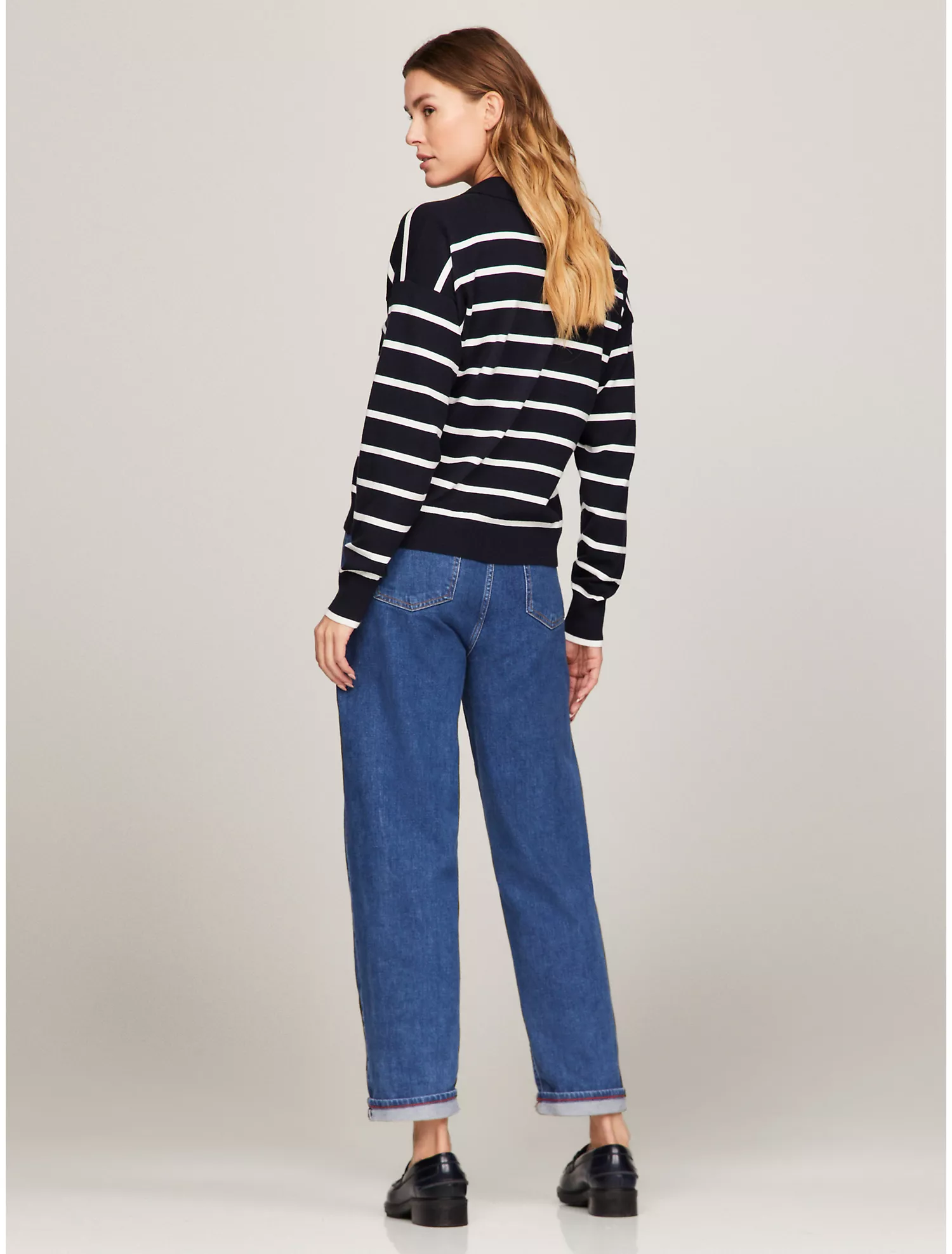 Long-Sleeve Stripe Polo Sweater