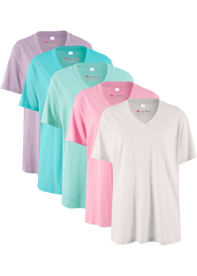 Weites Long-Shirt mit V-Ausschnitt, Kurzarm (5er Pack)