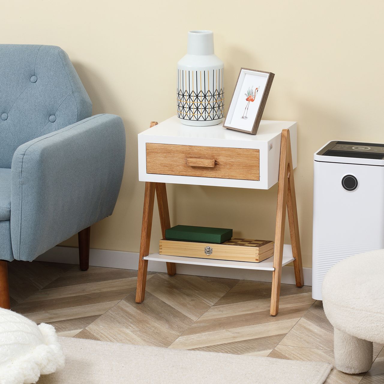 HOMCOM Beistelltisch Nachttisch mit Schublade und Ablage Couchtisch Sofatisch Kaffeetisch für Schlafzimmer Wohnzimmer Skandi-Design Weiß Natur 45 x 35 x 54,5 cm