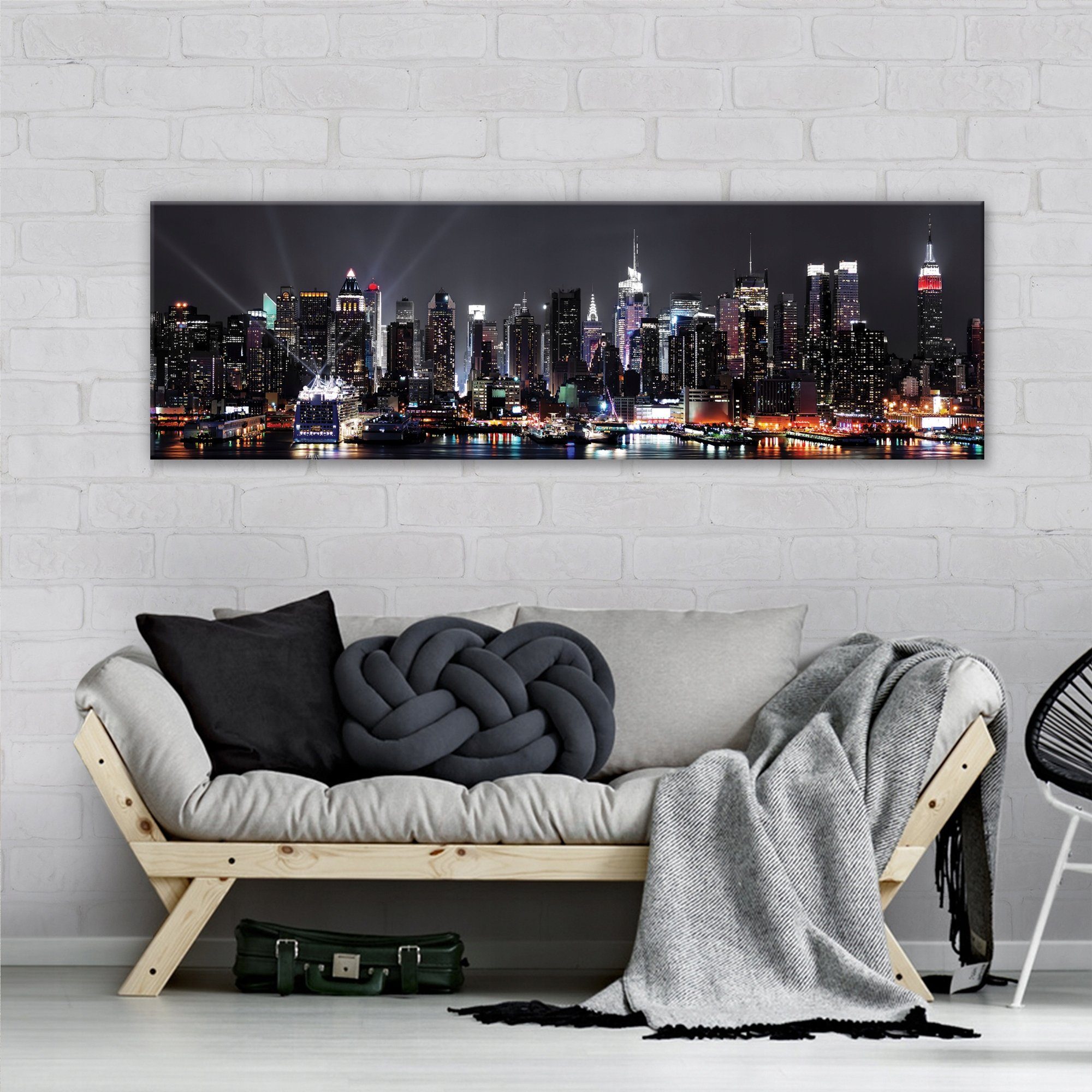 Wallarena Leinwandbild New York Stadt bei Nacht Wandbild 145x45 cm Groß XXL Wandbilder Leinwandbilder Modern Canvas Kunstdruck Bild Auf Leinwand Bilder Panoramabild für Wohnzimmer Schlafzimmer, New York (Einteilig), Aufhängefertig