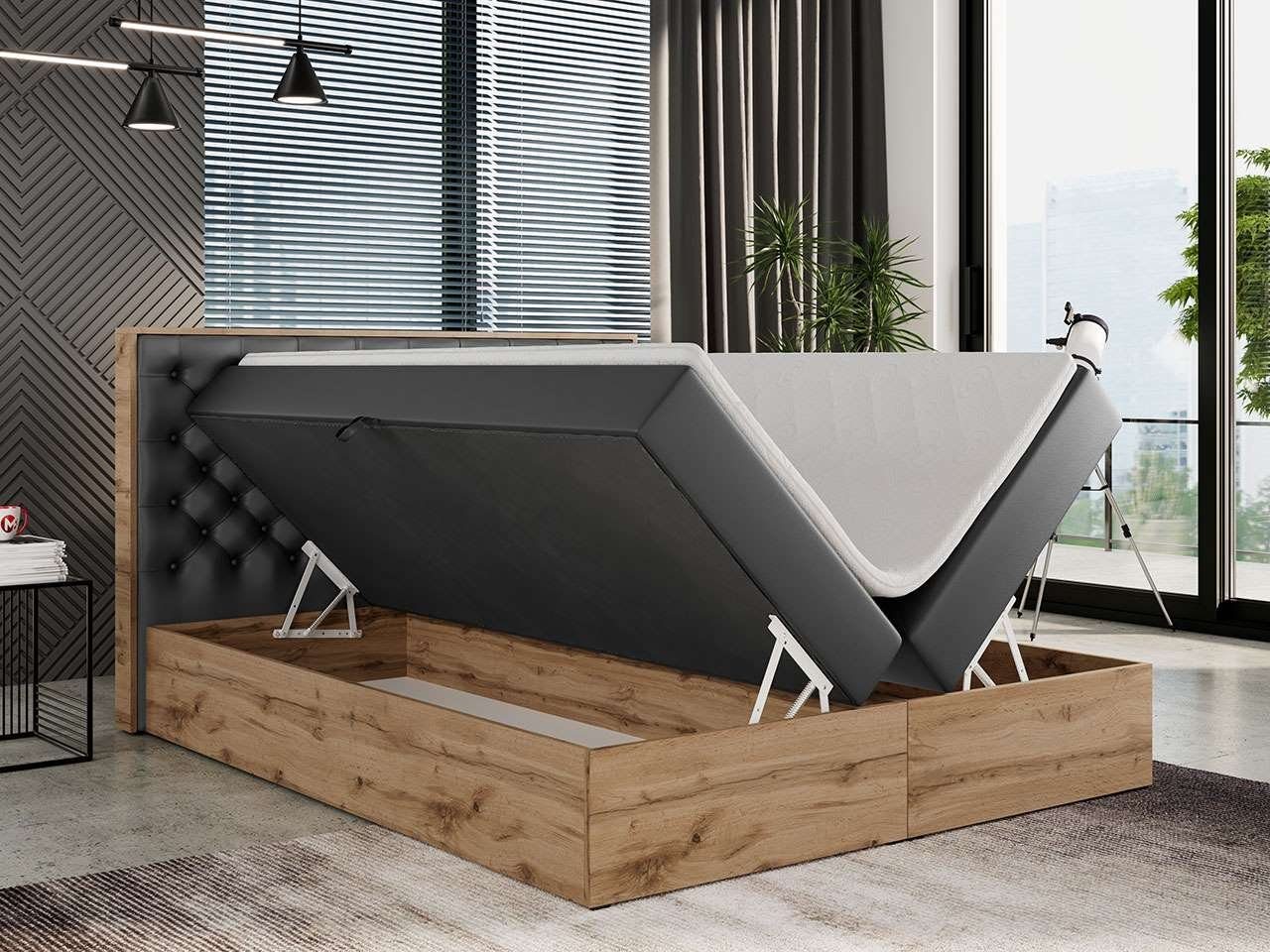 MKS MÖBEL Boxspringbett ALBERO 3, Multipocket-Matratze, Doppelbett, mit Eiche Holzrahmen, mit Kopfstütze