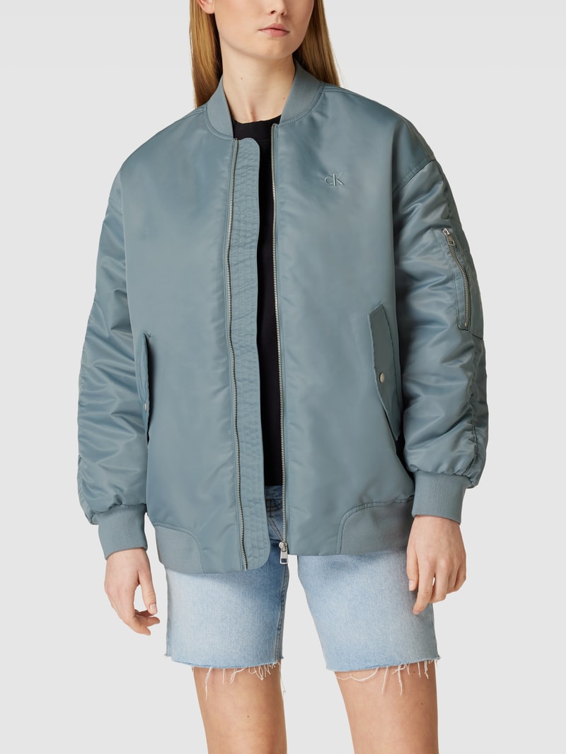 Oversized Bomberjacke mit Label-Stitching in mittelgrau