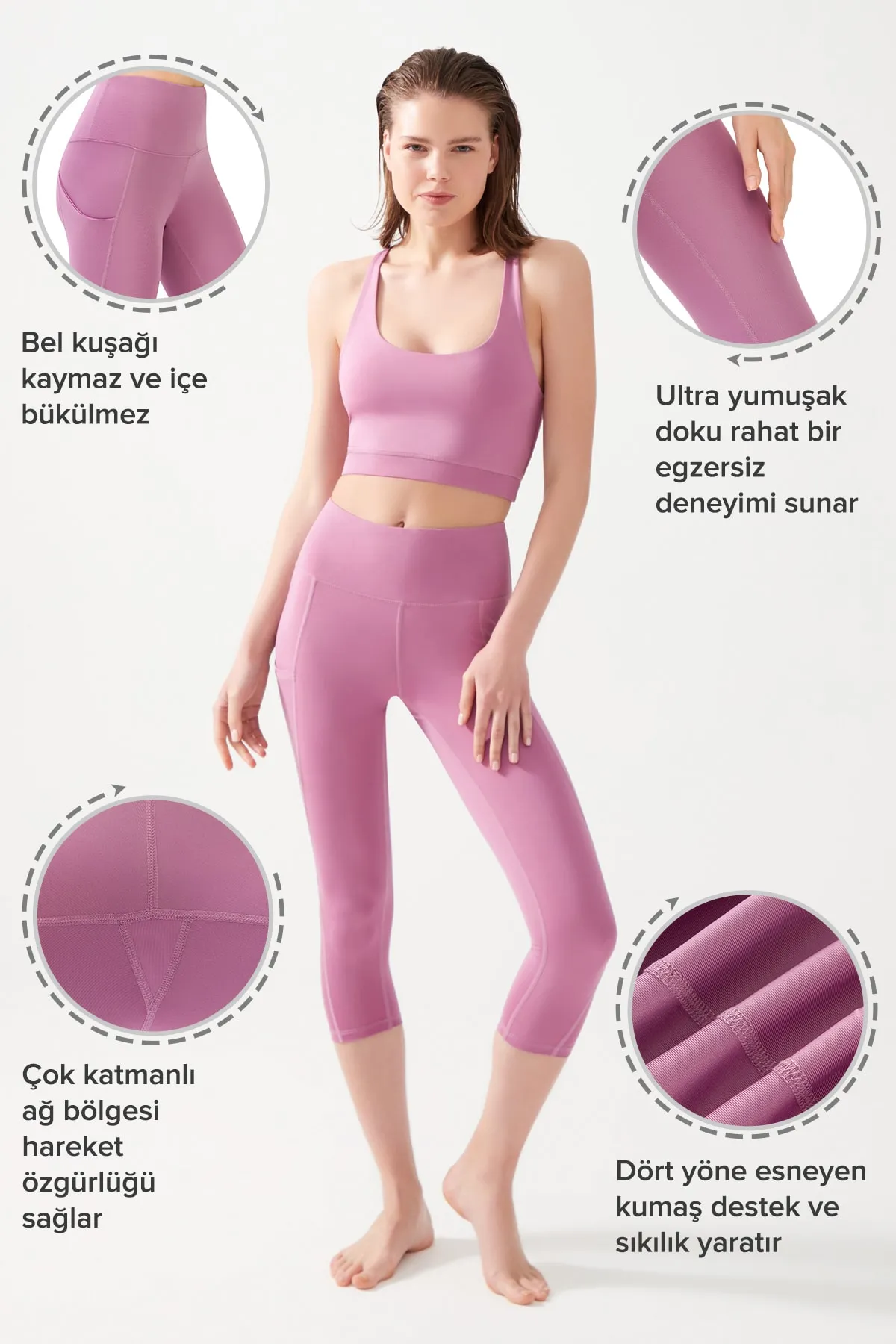 LOS OJOS  Lavendelfarbene Capri-Leggings mit hoher Taille und glättenden Doppeltaschen unterhalb des Knies für Damen