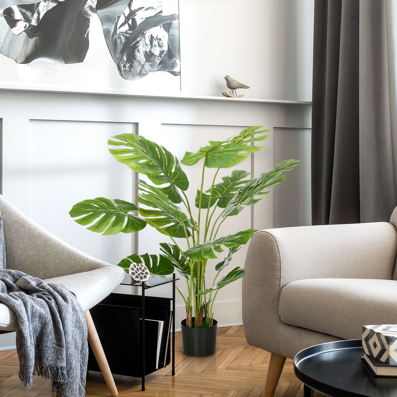 HOMCOM Künstliche Pflanze, 120 cm Kunstpflanze, Künstlich Monstera mit Übertopf