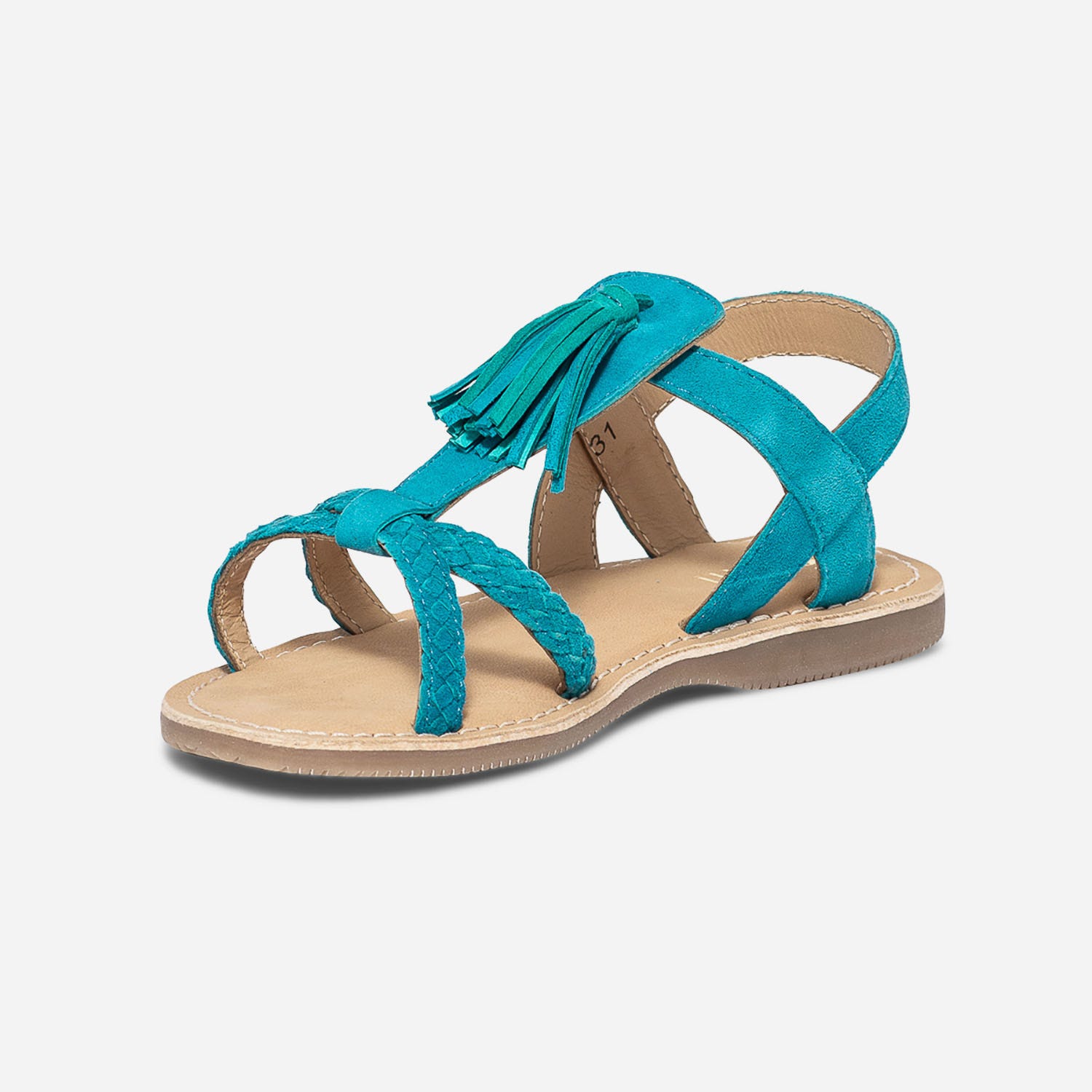 Sandale turquoise en cuir velours avec pampille
