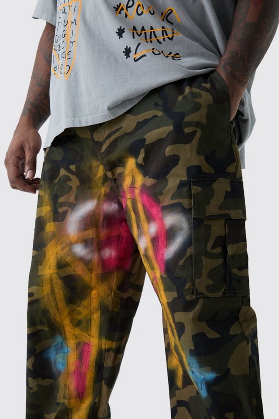Plus lockere Twill Camouflage Cargo-Hose mit Farbspritzern