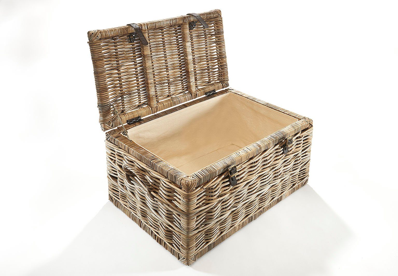 Kobolo Truhe Sitztruhe aus Rattan Kubu grau mit Stoffeinsatz