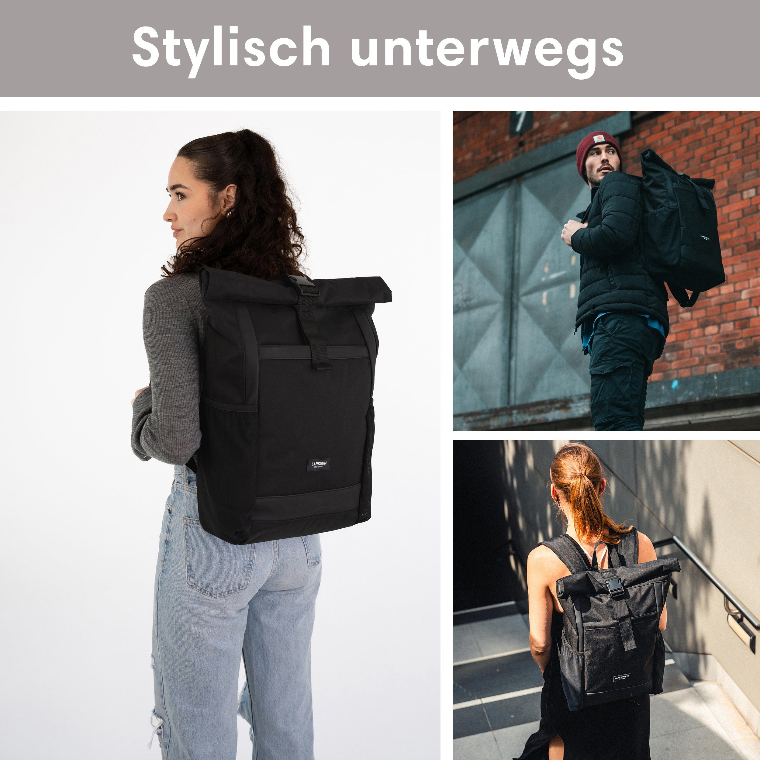 LARKSON Cityrucksack No 2, Rolltop Damen Herren, Laptop Fach, Wasserabweisend