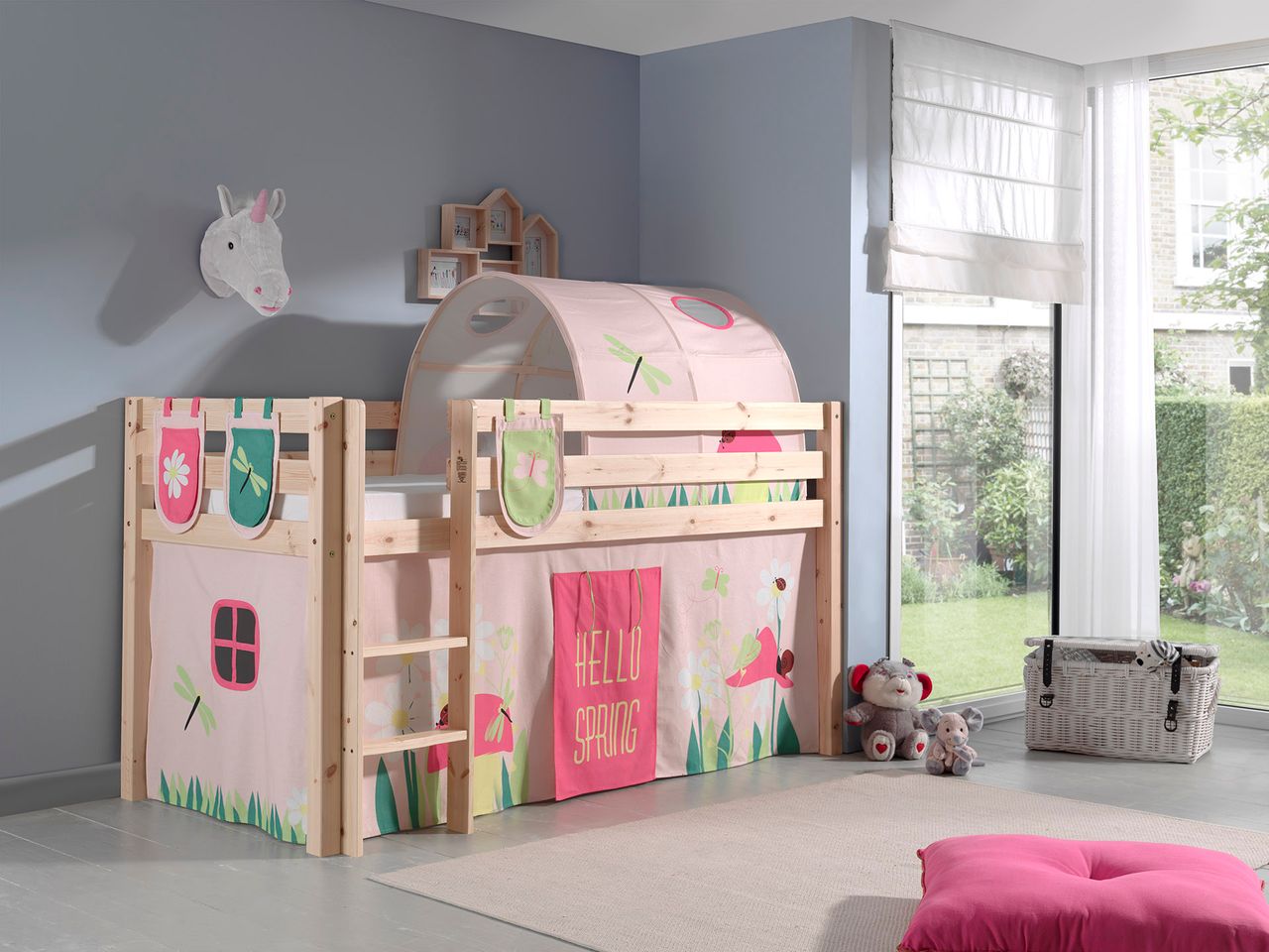 VIPACK Spielbett Pino mit Textilset Vorhang, Tunnel und 3 Taschen 