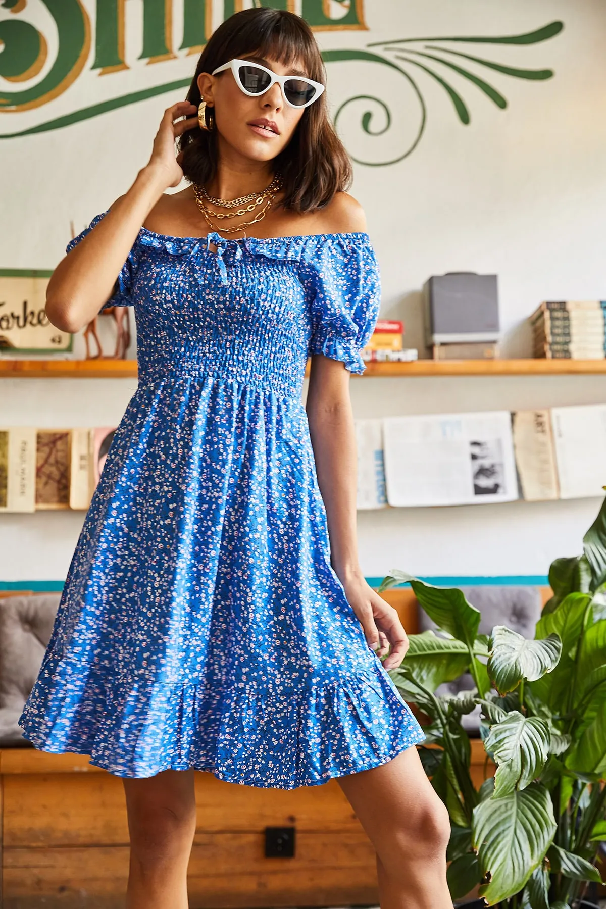 Olalook  Saks Blue Gimped Collar Tie-up Flared Dress für Damen ELB-19001190