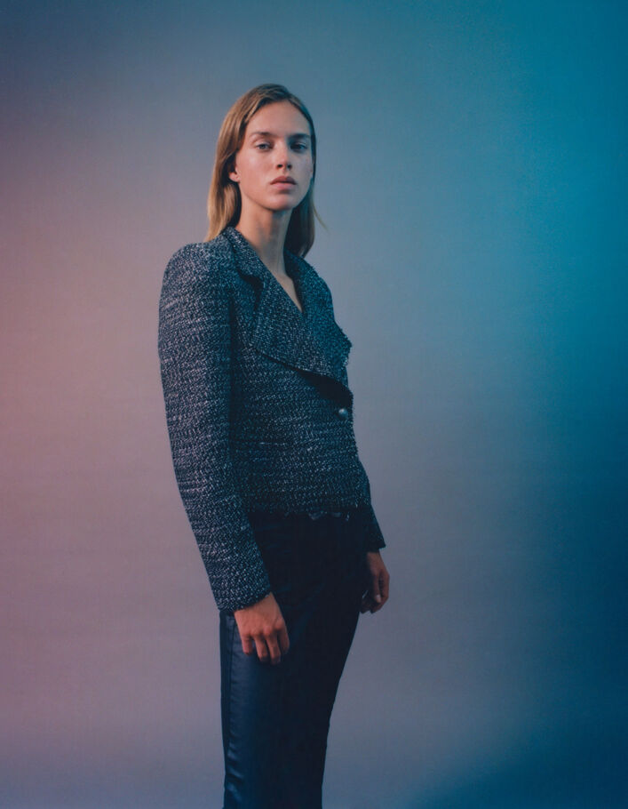 Veste noire esprit motard effet tweed Femme