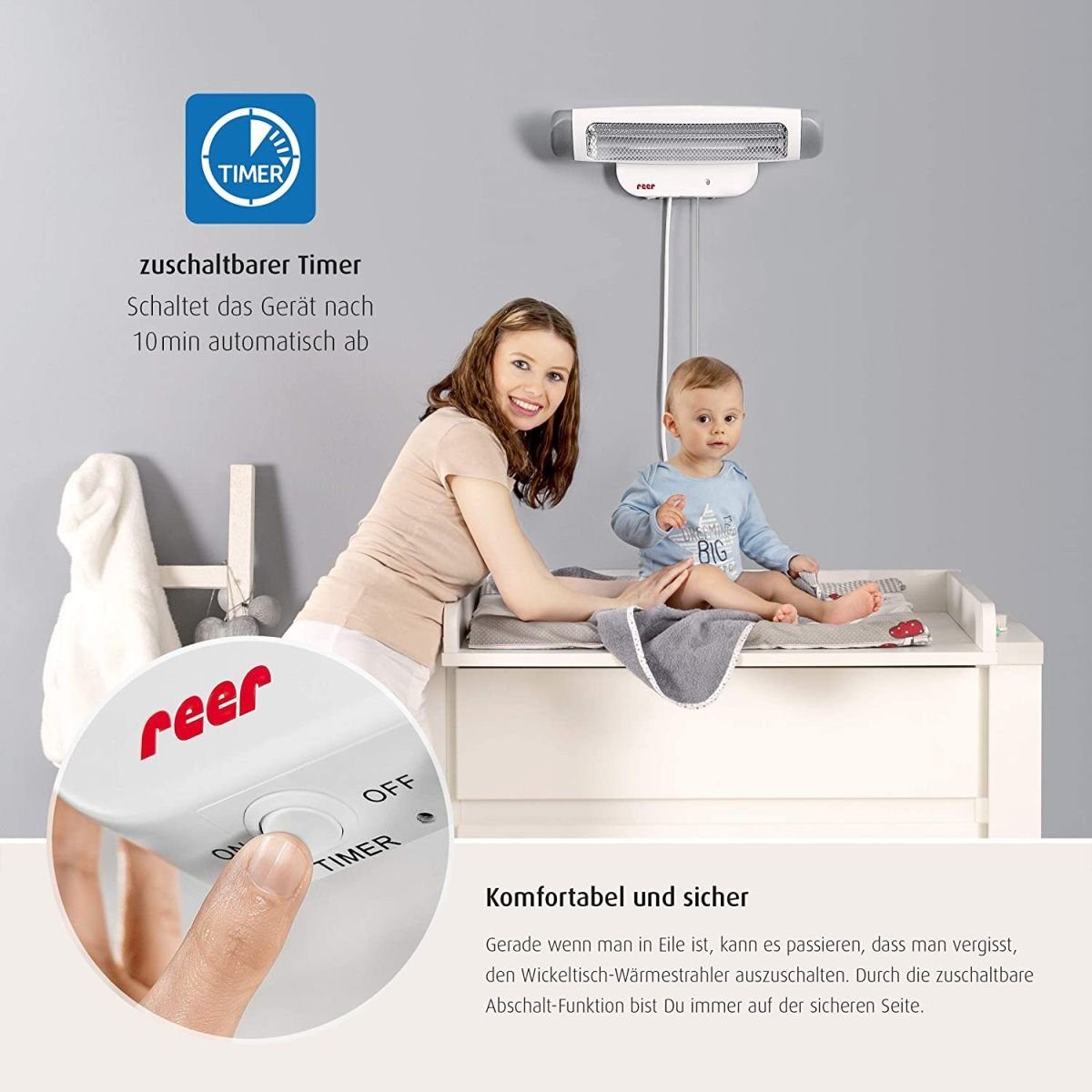 Reer Wickeltisch-Heizstrahler 2 in 1 FeelWell Wickeltisch-Wärmestrahler, Maße: ca. B 52 cm x H 155 cm bis 185 cm